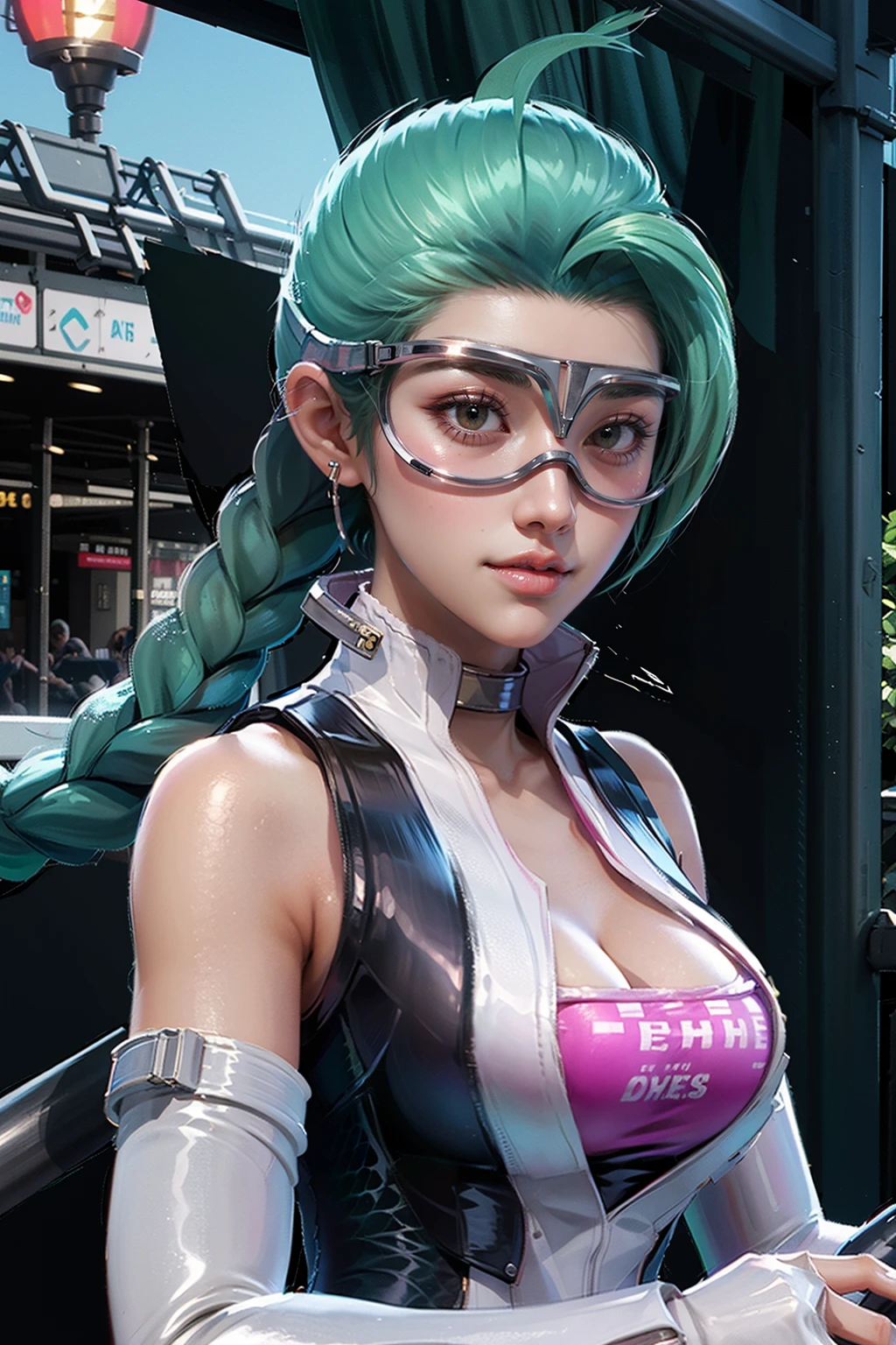 <lora:Airi_Racer_AoV_Model_LoRA:0.8>, Airi_RC, 1girl, solo, long hair, very long hair, braid, twin braids, multicolored hair, green hair, aqua hair, headset, looking at viewer, glasses, goggles, tinted goggles, lips, smile, collar, high collar, bare shoulders, cleavage, breasts, large breasts, gloves, fingerless gloves, elbow gloves, shorts, tight pants, (white shorts, white pants), thighhighs, boots, thigh boots, high heels, shiny
, ((outdoors, sky, scenery, light, lights, train station, stadium, sun, sun light, day))
, (tight cameltoe:1.2), ((pussy)), best quality, ultra high res, (photorealistic:1.4), masterpiece, real life skin, hyper real