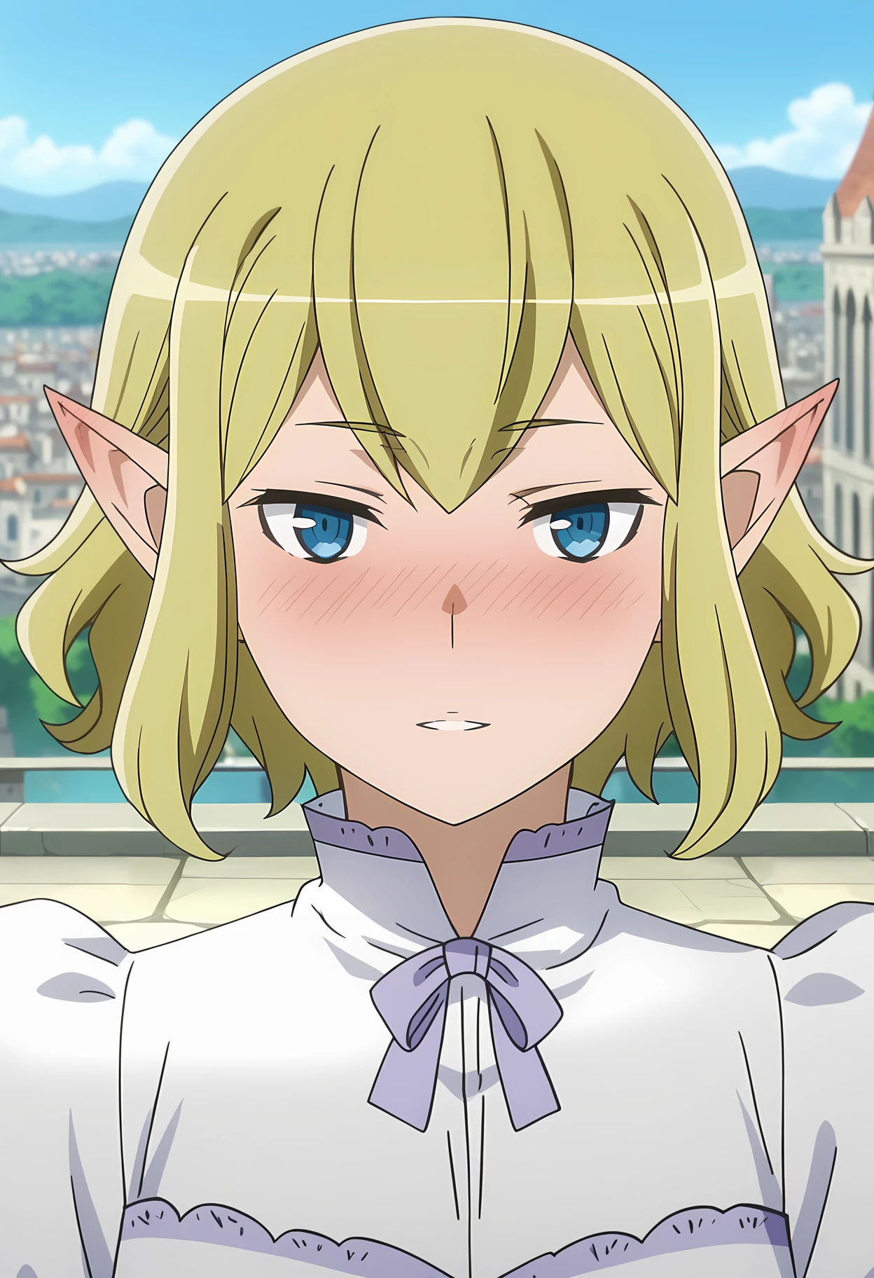 score_7_up, anime screencap,
<lora:DanMachi_RyuuLionXL:0.9>,
1girl, solo, parted lips, light smile, nose blush, ear blush, half-closed eyes,
short hair, blonde hair, green hair, blue eyes, pointy ears,
RyuuDress, white dress, neck bow, grey bow,  juliet sleeves, long sleeves,
portrait, looking at viewer,
cityscape, outdoors, fantasy, stone floor