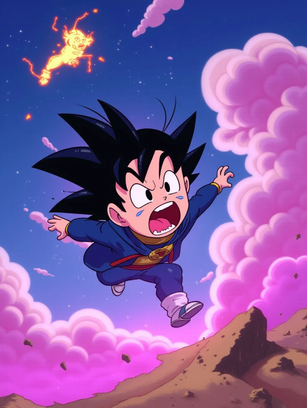 <lora:Flux.renandstimpySTYLE:1.2>, Ren floating through the sky in the world of Dragon Ball Z, screaming as he tries to catch a glowing, warped version of Goku, while neon waves ripple through the clouds , ((face close-up)), (hood furred) Blocky, Geometric Cartoon