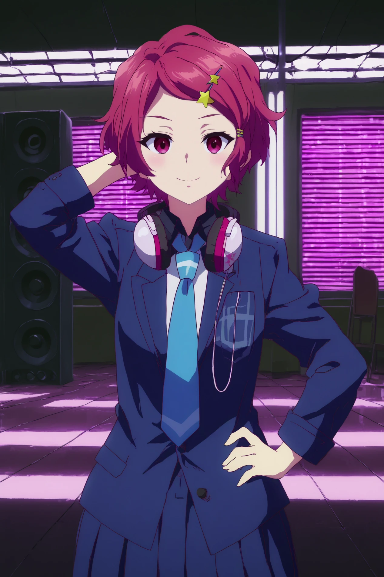 koito minase,1girl,solo,smile,headphones around neck,headphones,necktie,short hair,hair ornament,hairclip,star (symbol),star hair ornament,looking at viewer,school uniform,jacket,lowlight,low light,oily skin,shiny_skin,upper body,arm behind head, hand on own hip,smile,good_hands,standing BREAK indoors,nightclub,music,lights, dancefloor, DJ, speakers,shadows,led,pink neon led   <lora:Koito_Minase_-_Musaigen_no_Phantom_World.safetensors:0.8> <lora:detailed_backgrounds_v2.safetensors:0.7> <lora:lowlight.safetensors:0.7>