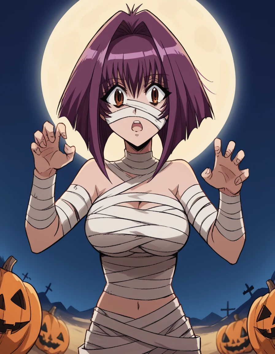 score_9, score_8_up, score_7_up, source_anime, <lora:karin-maaka-s1-ponyxl-lora-nochekaiser:1>, karin maaka, short hair, brown eyes, purple hair, hair intakes, bangs, large breasts,, <lora:mummy-costume-ponyxl-lora-nochekaiser:1>, mummy costume, bandages, halloween costume, bandaged arm, zombie pose, bandage on face,, desert, moon, night, open mouth, , dutch angle, cowboy shot