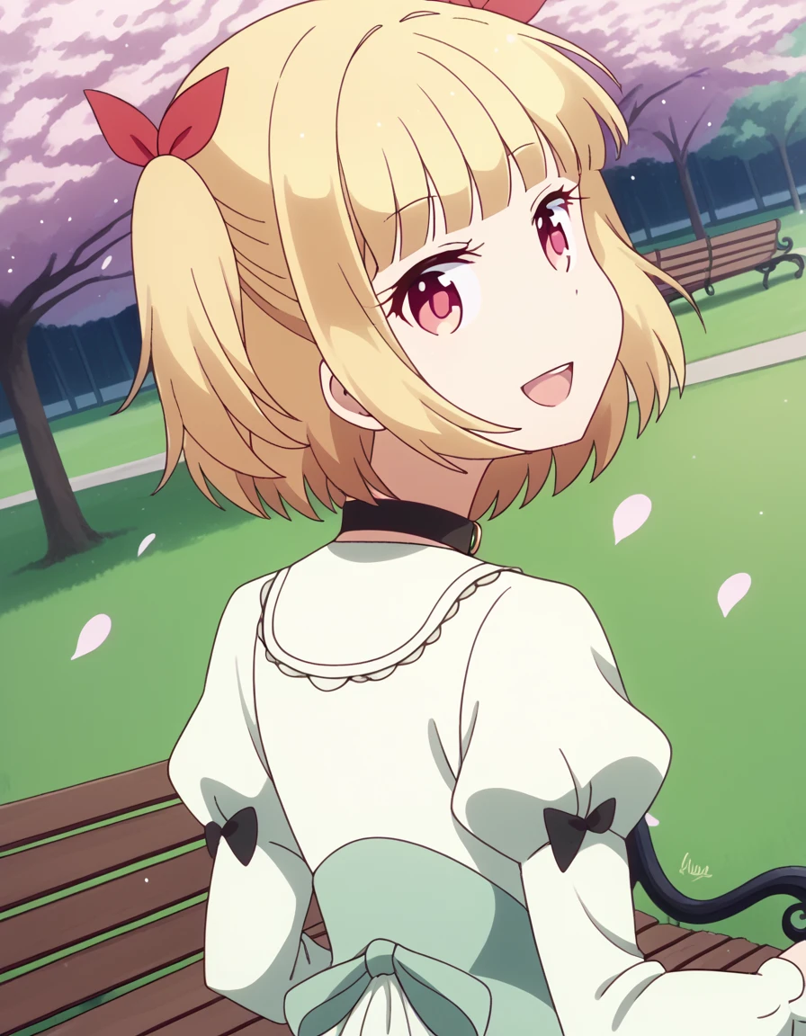 score_9, score_8_up, score_7_up, source_anime, <lora:yun-iijima-s2-ponyxl-lora-nochekaiser:1>, yun ijima, short hair, blonde hair, red eyes, ribbon, hair ribbon, two side up,, dress, white dress, collar, puffy sleeves, long sleeves, frills,, park, cherry blossoms, bench, gentle breeze, peaceful, running, open mouth,, smile, <lora:shaft-look-ponyxl-lora-nochekaiser:1>, shaft look, looking back, from behind, head tilt,, looking at viewer, solo,, dutch angle, cowboy shot