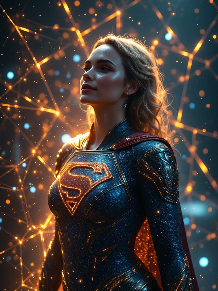 an image of supergirl based on fictional characters from DC Comics enveloped in a digital nexus, her costume infused with binary code that flickers with energy the backdrop of intersecting geometric shapes that seem to pulse with a golden glow, representing her power over both the digital and physical realms. a digital, holographic cape that shifts and changes patterns with her movements, adding a dynamic and futuristic touch. geometric armor plating to her shoulders and chest, with sharp, angular designs that mirror the background aesthetics.Integrate glowing binary code patterns into Superwoman's suit, running along the seams and edges, highlighting her connection to the digital realm. Leaning back slightly with one hand resting lightly on her shoulder, head tilted back, looking to the side, with a serene smile.
