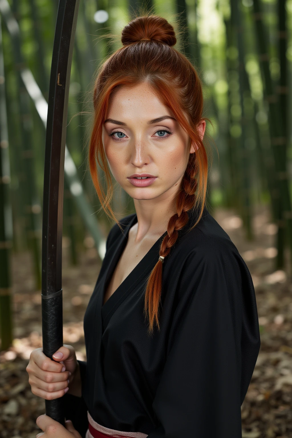 Action shot of a redfox woman looking like samurai, wearing a kimono (japan style), standing in bamboo forest in background with samurai sword in her hands. The woman has her katana rised. The woman has long hair, single braid and pale skin. In air alot of falling tree leaves. (sweating:1.5), (serious expression:1.4), (skin pores:1.4), detailed skin, skin imperfetions, dust in air. Closed mouth. freckles on face. Breasts covered with kimono.
**girl**
European woman, her limbs may overlap only in a natural way, never intersecting or blending unnaturally. (Freckles on skin:1.4).
**Facial Structure:**
Portrait of the model with a perfectly symmetrical face and harmonious, delicate features. Subtly accentuated high cheekbones, smooth forehead, and almond-shaped eyes, with a lively and expressive gaze, avoiding any dull or crossed-eye look. The image maintains precise 8K-level detail without overly sharp features.
**Facial Details:**
Balanced features: straight, proportionally balanced nose, full velvety lips with a natural, gentle expression. Skin appears smooth and flawless with a natural sheen, avoiding exaggerated wrinkles, all captured in fine 8K detail.
**Complexion:**
healthy, natural glow with soft textures, avoiding exaggerated imperfections. No overdone freckles or wrinkles, maintaining lifelike clarity akin to 8K quality. SFW, no naked parts