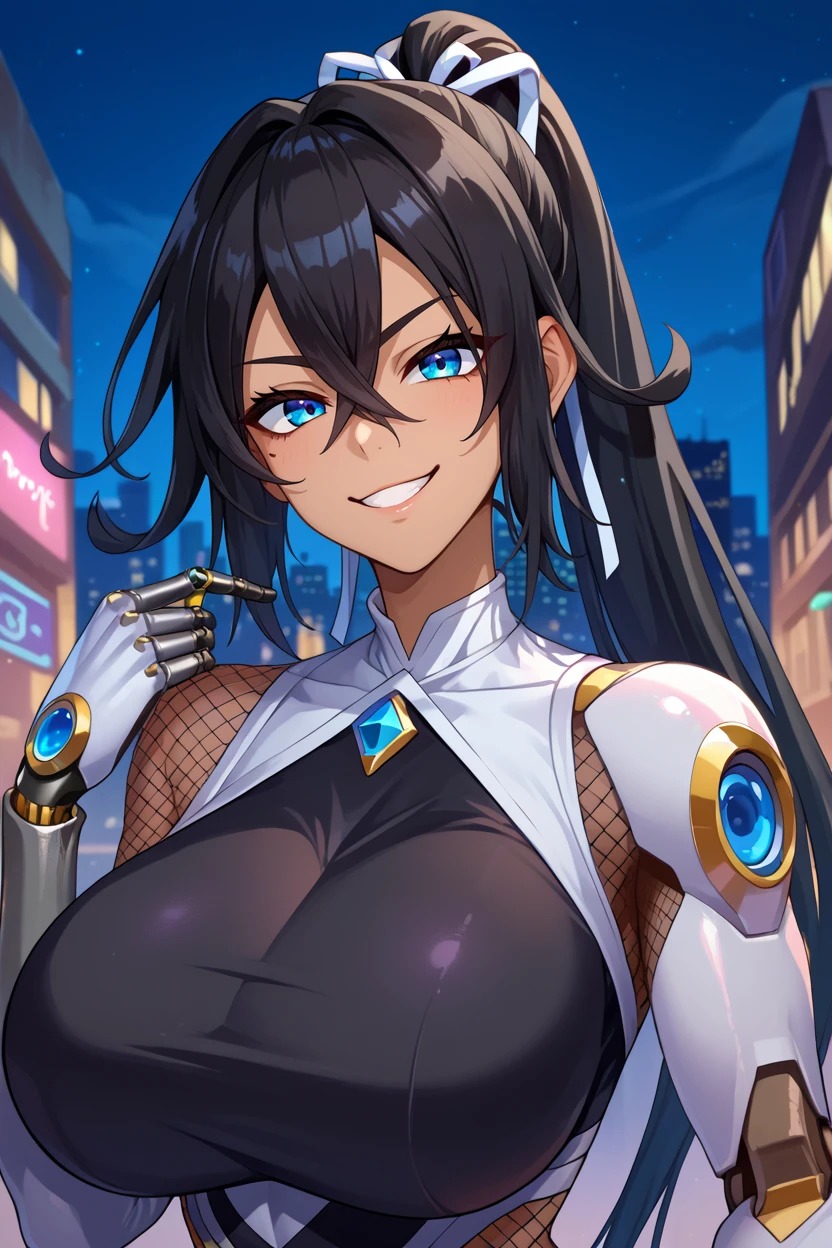 score_9, score_8_up, score_7_up, score_6_up, source_anime, 1girl, solo,  <lora:fuumaamane-pdxl-nvwls-v1-000005:1> trpgane, black hair, high ponytail, hair between eyes, blue eyes, tan skin, hair ribbon, black bodysuit, long sleeves, white gloves, fishnets, high heels, huge breasts, looking at you, city, night, upper body, smug, smile, single mechanical arm