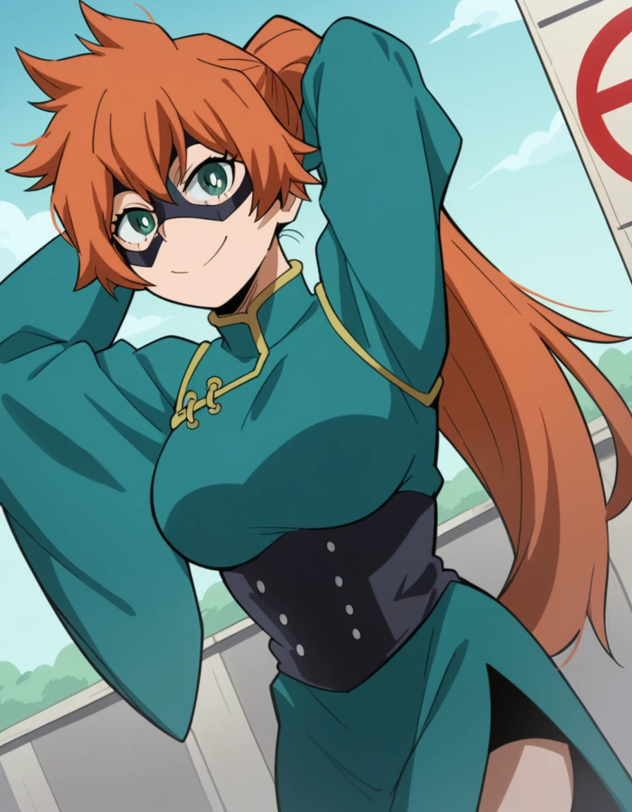 score_9, score_8_up, score_7_up, source_anime, <lora:itsuka-kendou-s5-ponyxl-lora-nochekaiser:1>, itsuka kendo, long hair, green eyes, ponytail, orange hair, large breasts,, chinese clothes, mask, domino mask, long sleeves, wide sleeves,, bus stop, waiting, commuter, smartphone, checking time, cold morning, smile, hands behind head,, looking at viewer, solo,, dutch angle, cowboy shot