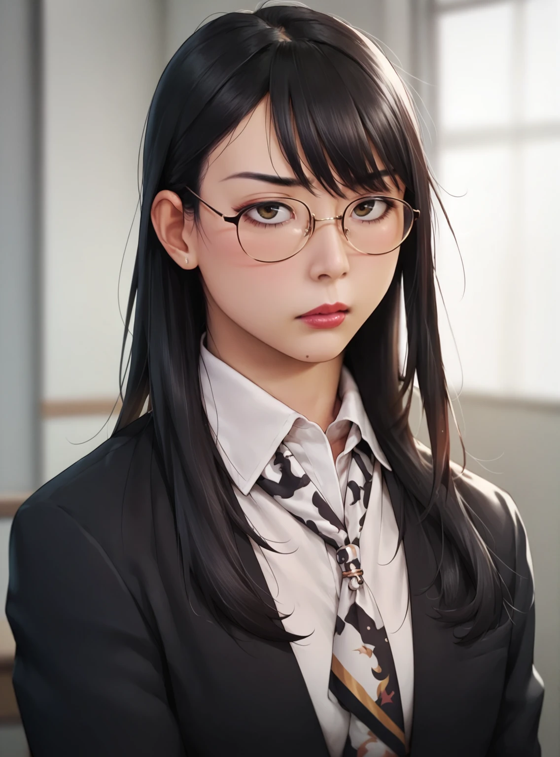 score_9, score_8_up, score_7_up, (invej:0.6), (qdnt:0.6), anime, 1girl, expresionless, shirabesaibu, long hair, black hair, bangs, glasses, black suit, white shirt, neck tie, white room, looking at viewer