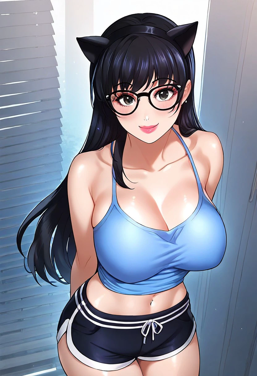 score_9, score_8_up, score_7_up, ASCII masterpiece, source_anime, BREAK, 1girl, solo, (( <lora:lee_rye-oh:1> , lee_rye-oh, thin waist, wide hips, beautiful skin, piercing dark grey eyes, clear eyes, bright pupils, beautiful eyes, beautiful black hair, beautiful long hair, bangs, huge and shaggy breasts, natural beauty, extraordinary beautiful woman, attractive woman, super sexy woman, lustful body, sexy woman with seductive obscene body, sensual body, voluptuous body, sexy beauty, no piercings, no piercing, )) , ((sexy light blue camisole, obscene cleavage, huge cleavage, midriff, black shorts with dark grey edge, black frame glasses, black alice band with black fake cat ears, )) , indoors, shiny clothes, shiny skin, night club, erotic bar, classy decorations, cowboy shot, from above, looking at viewer, hands behind back, (detailed face, detailed eyes), delicate features, soft lighting, seducative smile, cute and sexy, very detailed, high detailed texture, uncensored, rare view, makeup,