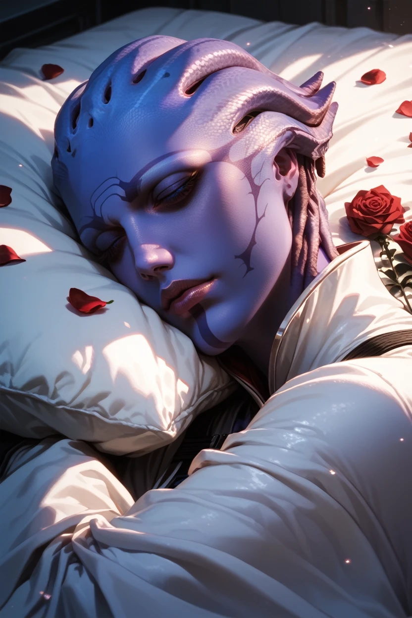 score_9, score_8_up, score_7_up,
<lora:MEAria:0.8>
MEAria, 1girl, purple skin, blue eyes, alien, looking at viewer, sleeping in a bed, rose petals, closed eyes