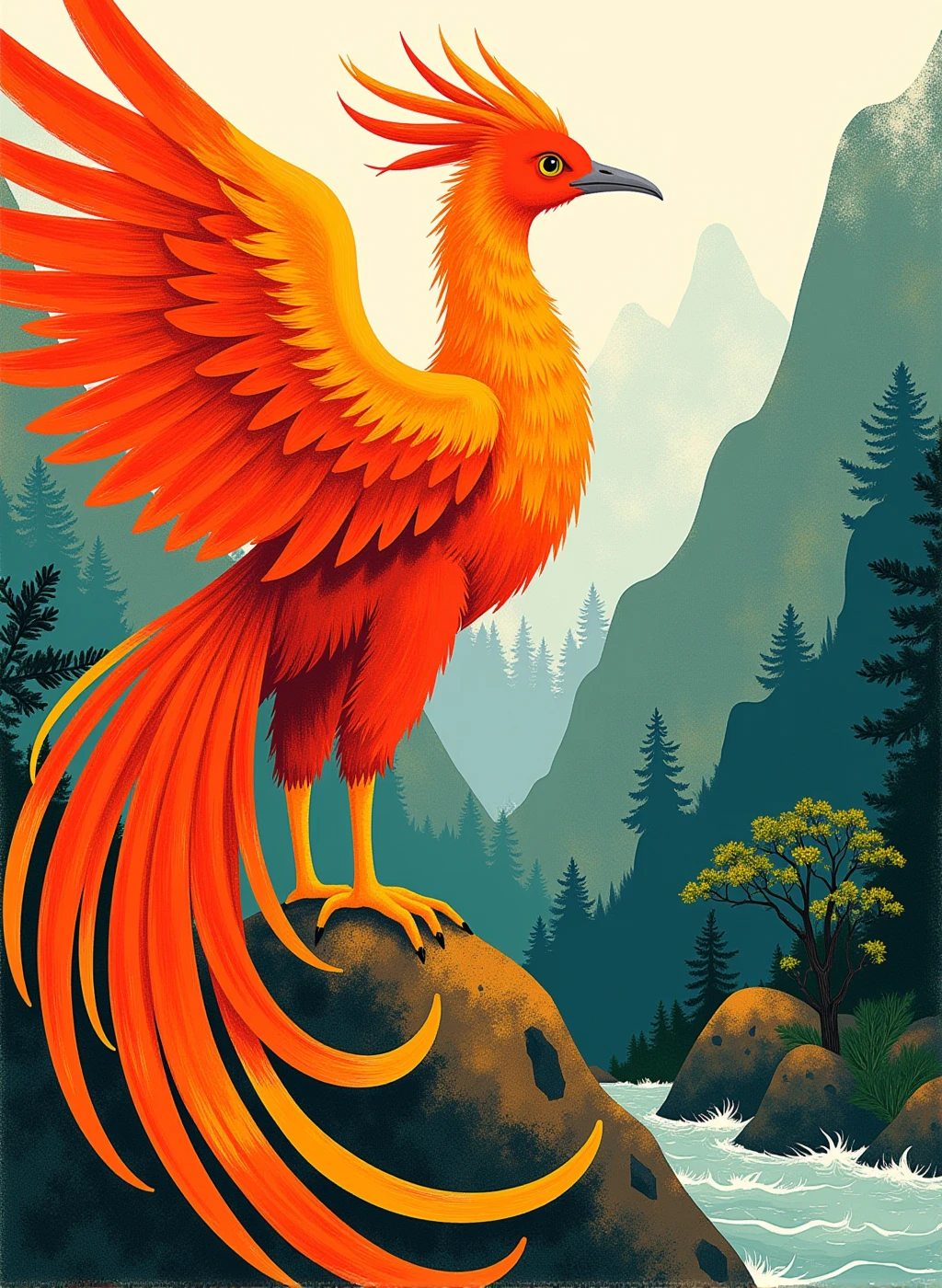 r0ygb1v digital illustration, a phoenix with orange feathers, brush strokes and textures, modern art, gouache textures, digital painting, majestic fantasy scene landscape background