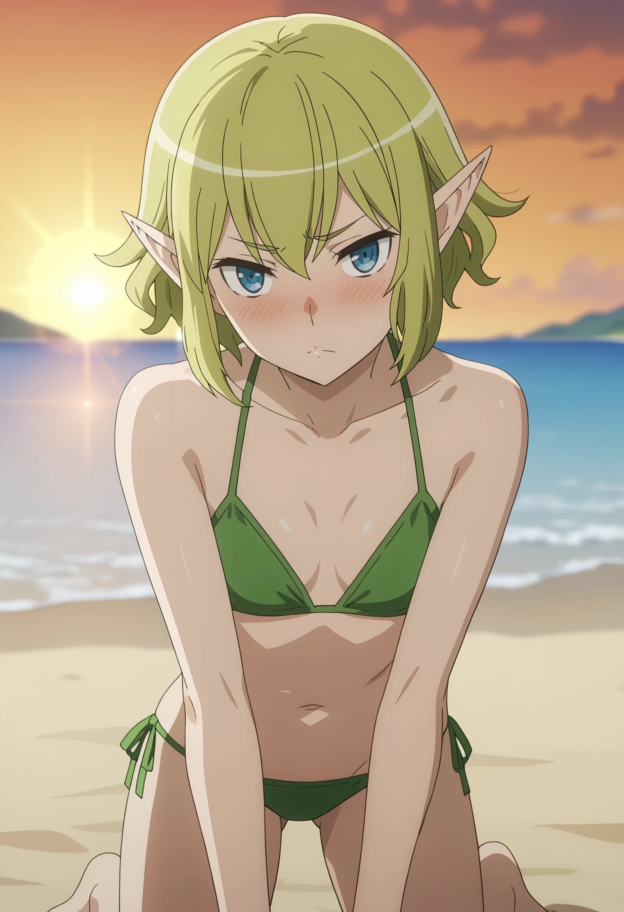 score_7_up, anime screencap,
<lora:DanMachi_RyuuLionXL:0.9>,
1girl, solo, closed mouth, embarassed, blush, head tilt,
short hair, blonde hair, green hair, blue eyes, pointy ears,
green bikini, small breasts, flat chest,
kneeling, standing, looking at viewer,
sunset, lens flare, horizon, blurry background, beach