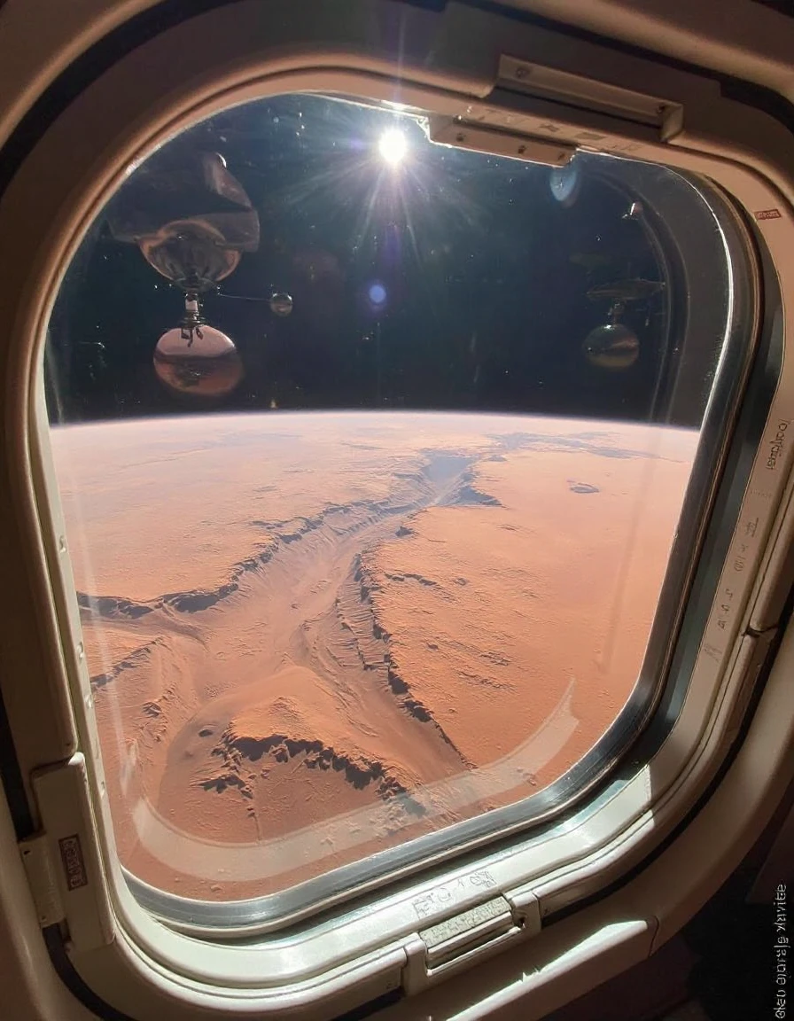 A view from inside a N4sa capsule window as it orbits Mars, revealing the planet's vast, red surface below. The rocky terrain is marked by large craters and canyons, with subtle variations in the Martian landscape stretching into the horizon. The thin atmosphere of Mars gives the planet a faint, hazy outline where it meets the blackness of space. Reflections from inside the capsule appear on the window, showing faint details of the interior, such as the astronaut's silhouette and parts of the control panels. A soft lens flare glints off the window, adding a sense of depth and realism to the scene. The view is tranquil and still, with no major weather activity visible, just the quiet beauty of Mars from high above. <lora:nasa-imagery:1>