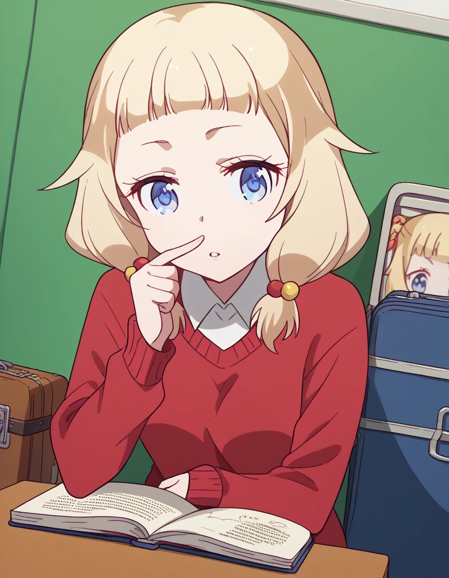 score_9, score_8_up, score_7_up, source_anime, <lora:nene-sakura-s2-ponyxl-lora-nochekaiser:1>, nene sakura, bangs, blue eyes, blonde hair, hair ornament, twintails, hair bobbles,, long sleeves, shirt, collared shirt, sweater, red sweater,, airport, waiting area, suitcase, flight delayed, passengers, reading book, , <lora:finger-to-cheek-ponyxl-lora-nochekaiser:1>, finger to cheek, index finger raised, pointing at self, bedroom, parted lips, leaning forward, bent over, cowboy shot, dutch angle,, looking at viewer, solo,, dutch angle, cowboy shot