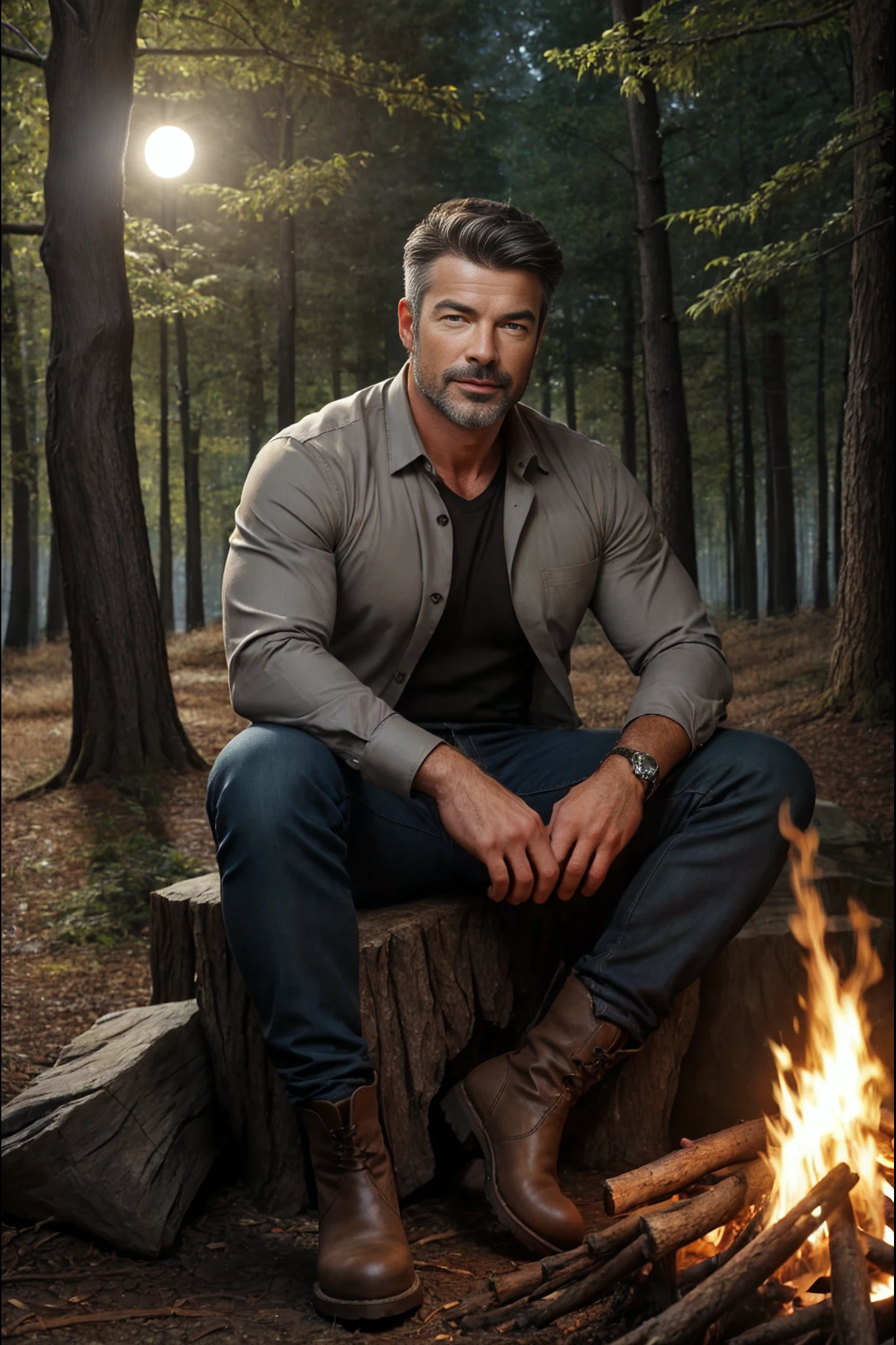 <lora:Theodore_Astor_V1_GV:1> Daddy, 44 years old, short black hair with silver streaks, grey eyes, handsome, professor, Masterpiece, photo-realistic, Crystal clear, highly detailed, college man, professor. He is sitting near a (cozy bonfire) in a ((dark forest at night)), wearing denim pants, shirt, brown boots, rolled up sleeves.