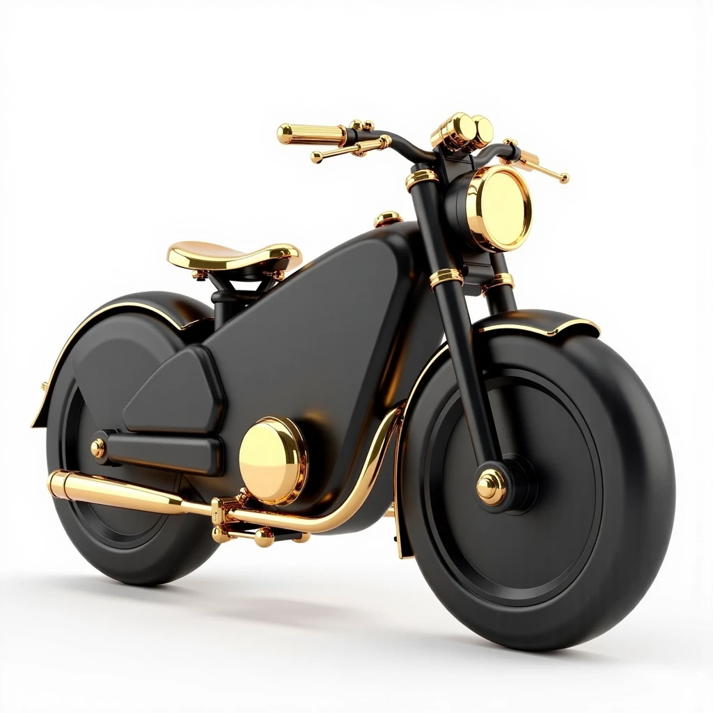 An orthographic view of Ð° 3D model of a  bicycle featuring a design with a matte black ceramic body inspired by  retro style and contrasting golden metallic elements, set against a pure white background.
<lora:BlckNdGld-01:0.7>