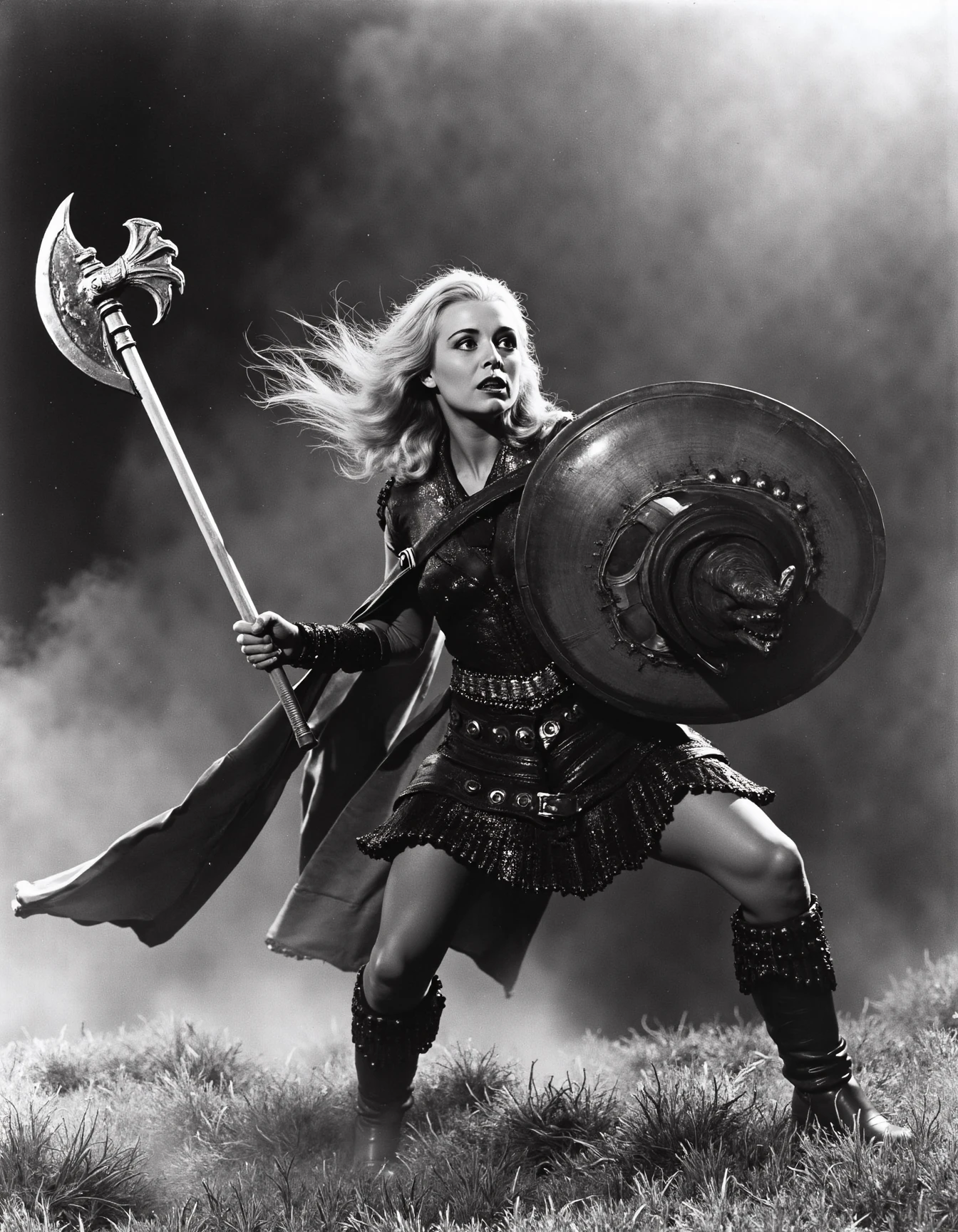 <lora:bwMoviesFlux:1> bwMovies.
female warrior wearing dark leather vest and holding a mace and shield while fighting a monster