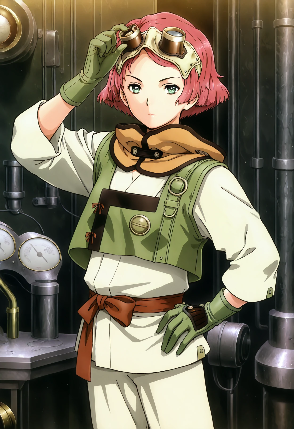 ,yukinakabaneri, 1girl, solo, green eyes, short hair, goggles on head, red hair, hand on hip, hood down, green gloves, s, green vest, standing, closed mouth,karate gi, long sleeves, red belt, cowboy shot, standing, steampunk, looking at viewer, hand up, indoors, <lora:yukinakabaneri_ill:1>