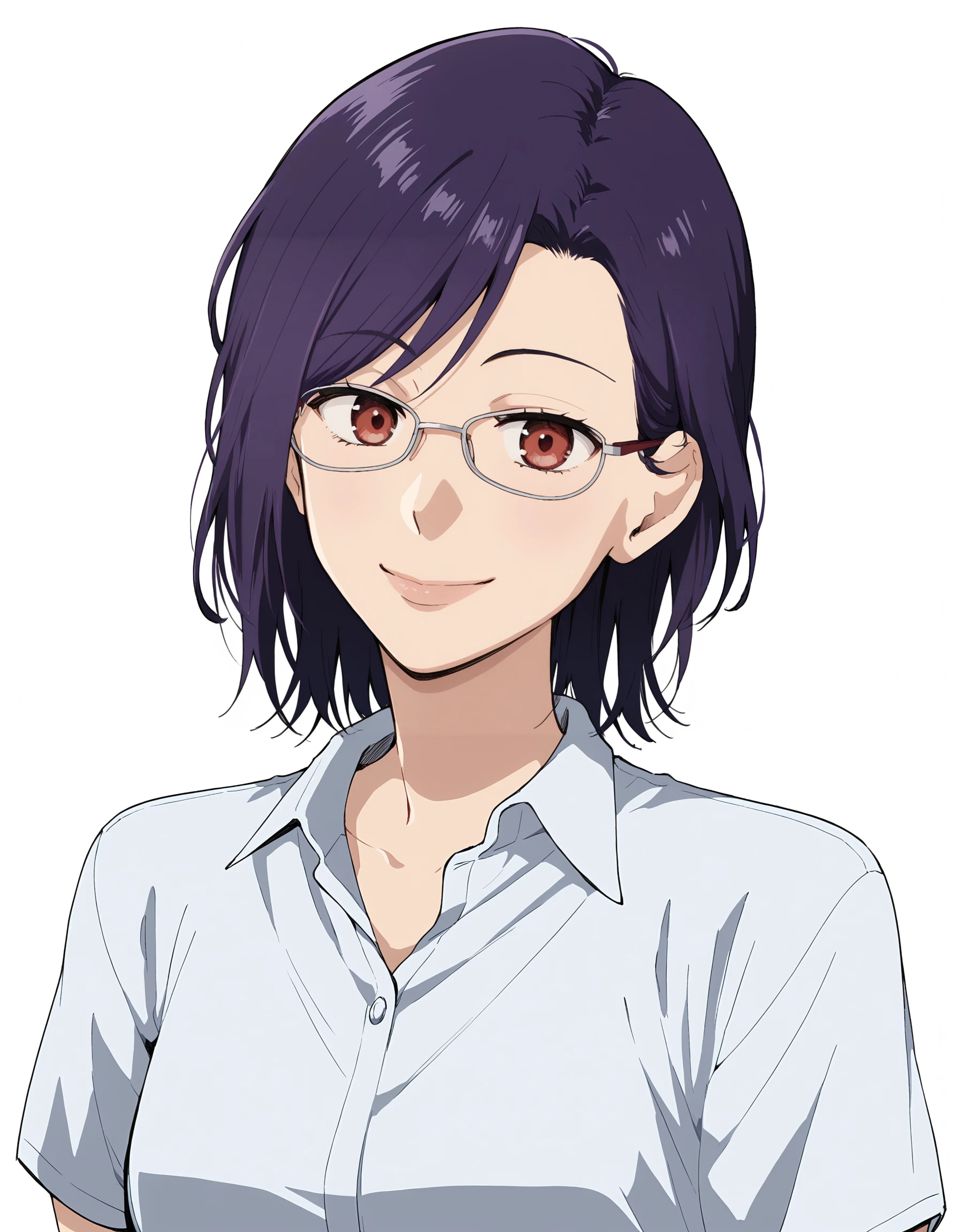 score_9, score_8_up, score_7_up
BREAK 1girl, <lora:ErikoXL-v1:0.85>, eriko, purple hair, red eyes, glasses, white shirt, collared shirt, short sleeves, looking at viewer, smile, upper body, simple background, white background