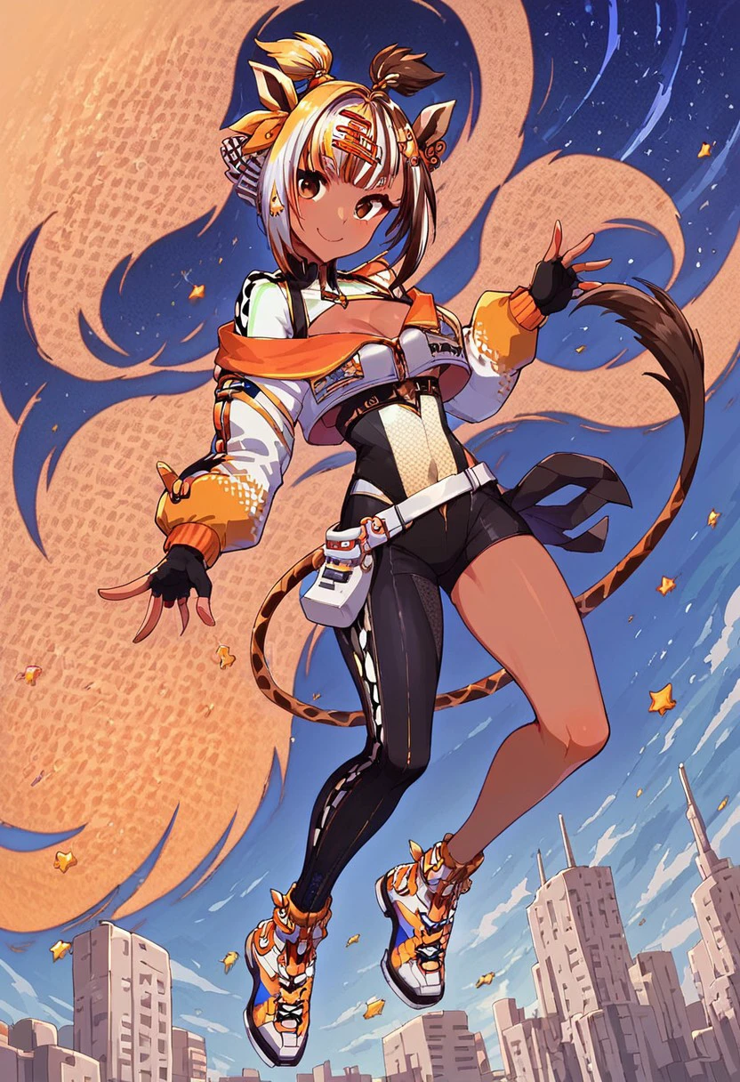 score_9, score_8_up, score_7_up, score_6_up, pretty woman, 21 year old, 1girl, kiri kilovolt, multicolored hair, cleavage, dark skin, brown eyes, smile, (single pantsleg), shiny skin, dynamic pose, fingerless gloves, giraffe ears, giraffe tail, star hair ornament, voltage hair ornament, looking away, from side, high FOV, high cut bodysuit, racing jacket, giraffe haircut, white belt, high sneakers, happy, smile, pretty face, sexy pose, downtown city background, city background