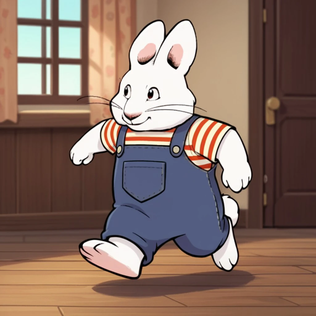 score_9, score_8_up, score_7_up, score_6_up, score_5_up, score_4_up, source_furry, maxm&r,  male, rabbit, white fur, long whiskers,  1boy, solo,  inside, full body, striped shirt, blue overalls,  running, <lora:f274f8ee-f984-456e-bb05-15c1b501779c:0.7>