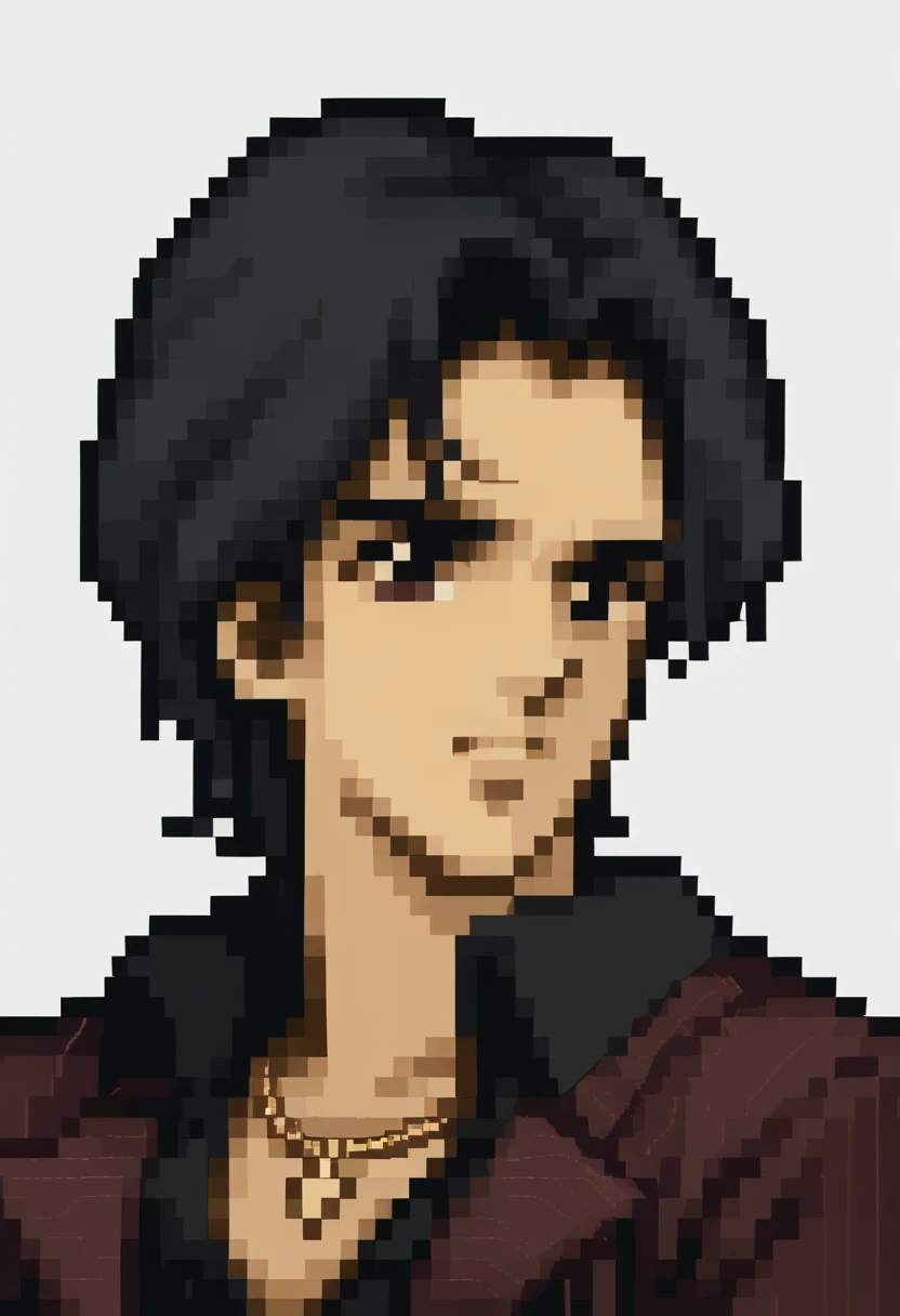score_9, score_8_up, score_7_up, source_anime, 1boy, solo,
<lora:zs_FE4PortraitsXL:1> fe4portraits, portrait, pixel art, white background
<lora:akiyama-guy-PONYv1:1> akiyama, necklace jacket, black shirt, striped, suit, formal, black hair