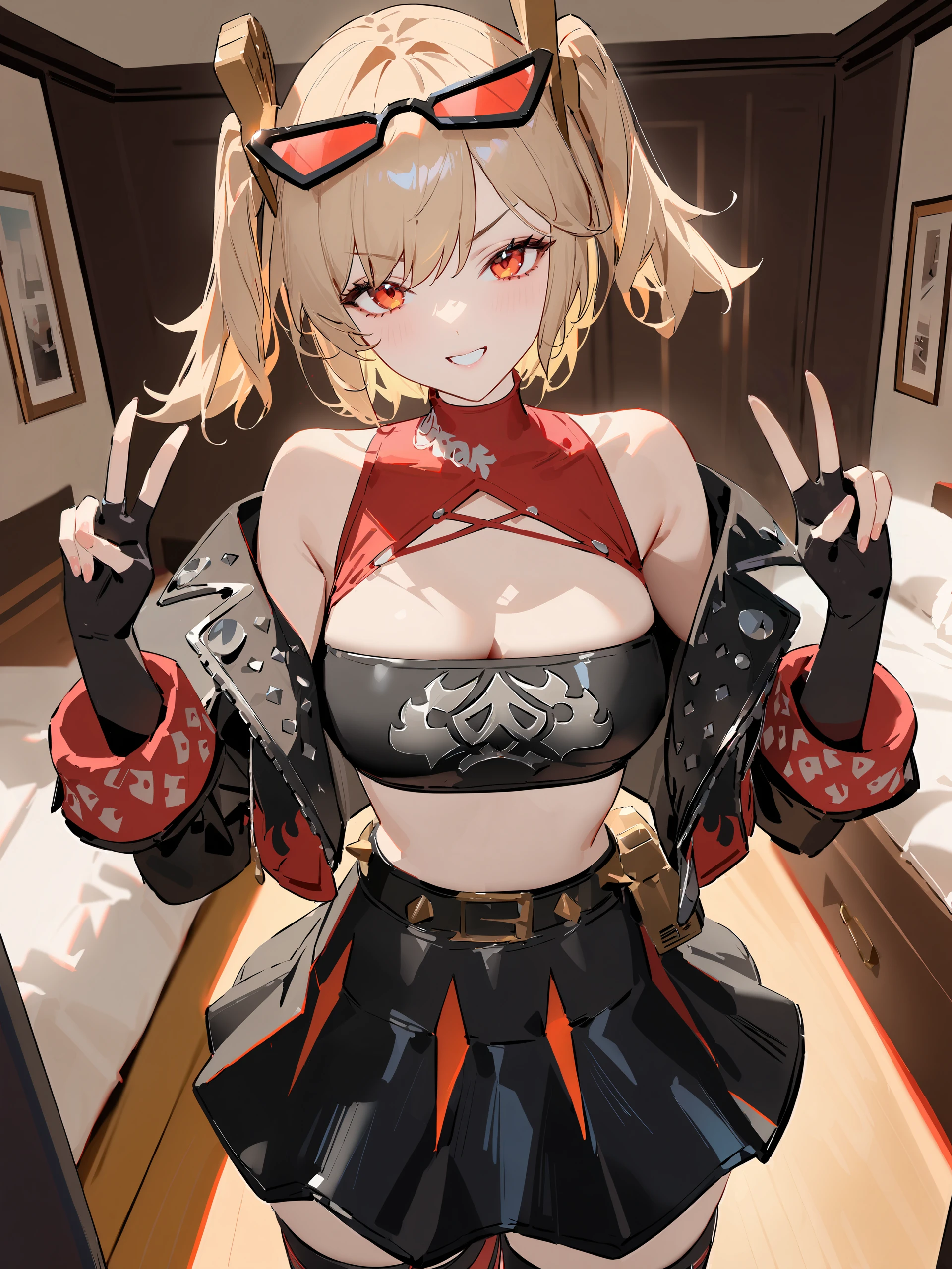 1girl, burnice white, twintails, black skirt, hair ornament, sunglasses on head, latex thighhighs, smile, cropped jacket, off shoulder, bare shoulders , fingerless gloves, sleeveless turtleneck, tube top, cowboy shot, standing, grin, v-shaped eyebrows, looking at viewer, double v, bedroom, indoors, depth of field   <lora:Char-ZZZ-Burnice-V1-SDXL:0.9>, masterpiece, best quality, very aesthetic, ray tracing, newest,(hitenkei, askzy:0.5), [<lora:detailed_notrigger:0.95>::0.5]