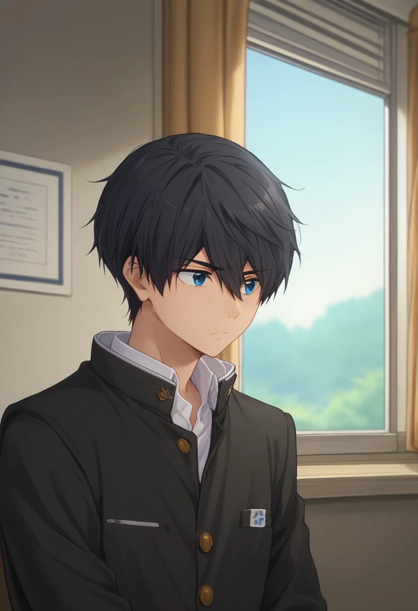 score_9, score_8_up, score_7_up, source_anime, highly detailed, 
haruka, 1boy, male focus, solo, black hair, short hair, hair between eyes, blue eyes, school uniform, gakuran, jacket, black jacket, upper body, slender, skinny, frown, bored,
indoor, window