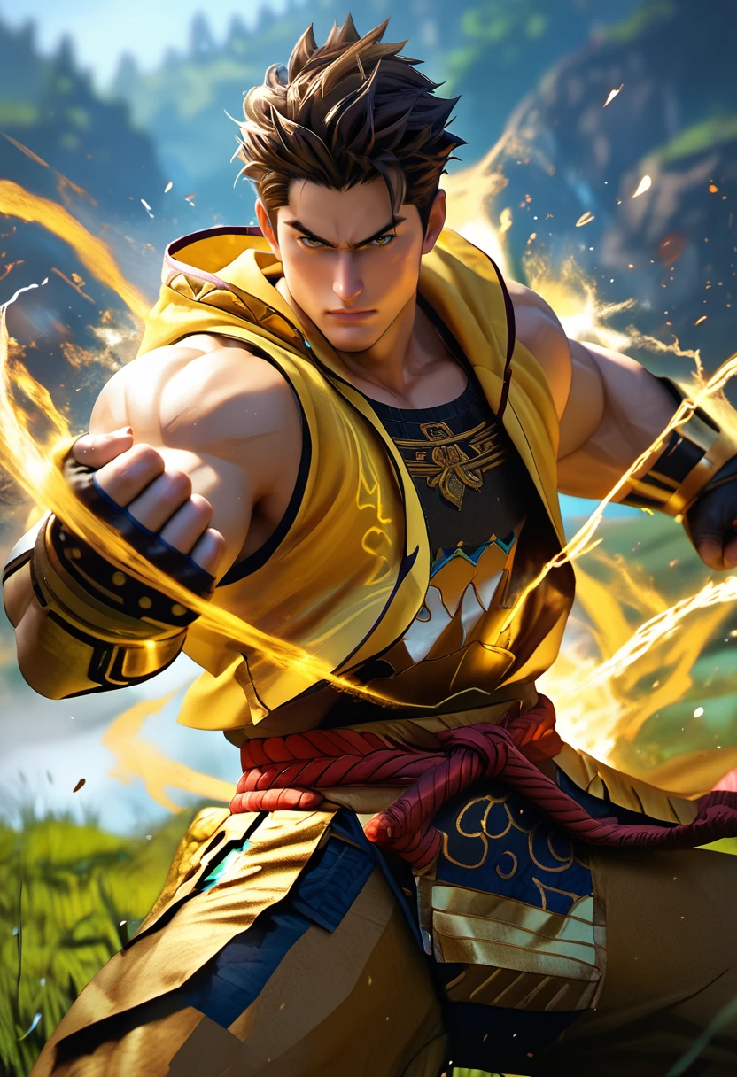 source_anime, (masterpiece), (best quality), score_9, score_8_up, score_7_up, (masterpiece:1.2), (best quality:1.3), 1boy, solo, golden aura, hood, <lora:Ieyasu_Tokugawa_Sengoku_Basara-000005:0.5> itoku_sgbs, brown hair, looking at viewer, muscular, angry expression, simple background, gloves, fight stance, masterful composition, dynamic movement, low-key lighting, lo-fi, glow, dynamic cinematic lighting, ray_tracing, global illumination <lora:Anime Style (Vauxz) PONY:0.8>