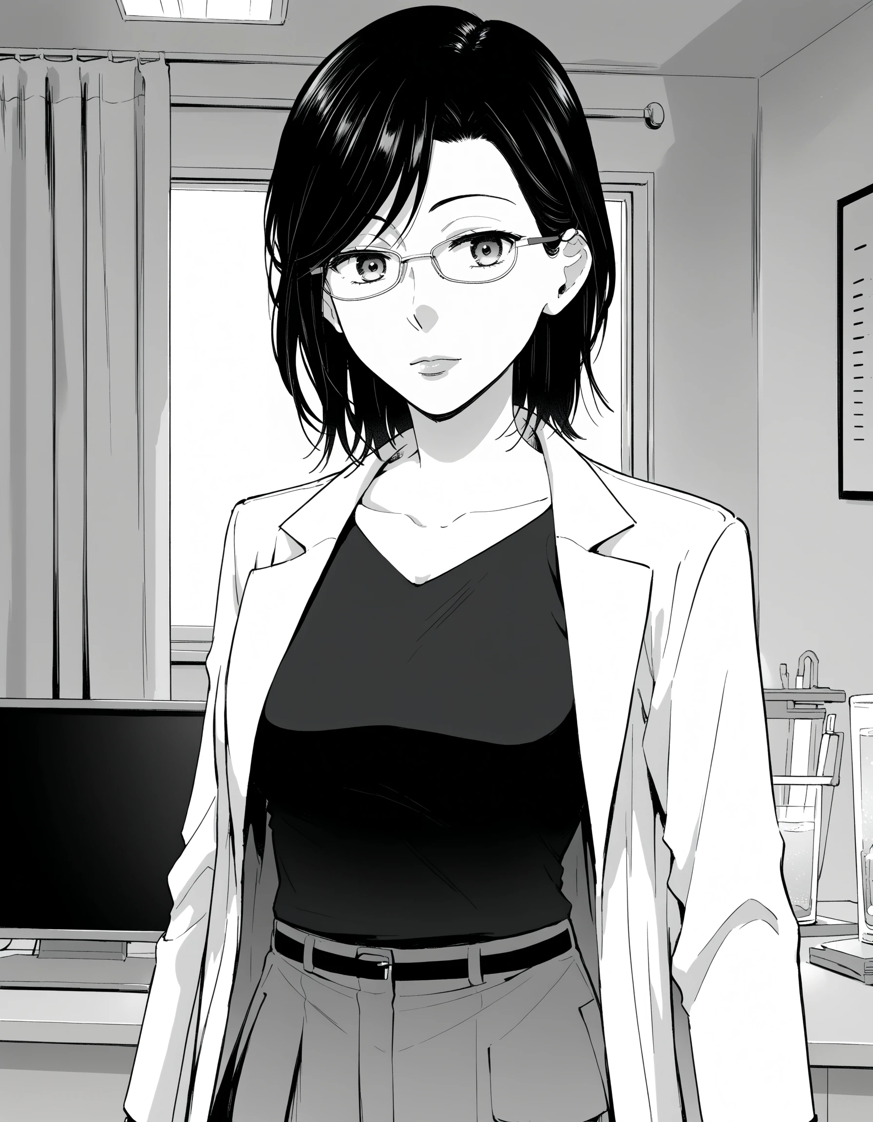 score_9, score_8_up, score_7_up, monochrome
BREAK 1girl, <lora:ErikoXL-v1:0.9>, eriko, glasses, lab coat, open coat, shirt, belt, skirt, looking at viewer, indoors