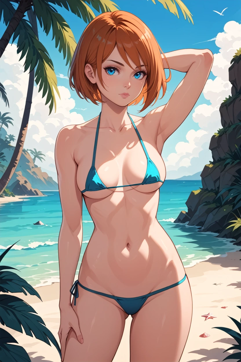 score_9, score_8_up, score_7_up,
<lora:MEASuvi:0.8>
MEASuvi, 1girl, orange hair, blue eyes, short hair, looking at viewer, collarbone, bare arms, micro bikini, bare shoulders, beach, arm behind head, hand on own hip, standing, cowboy shot