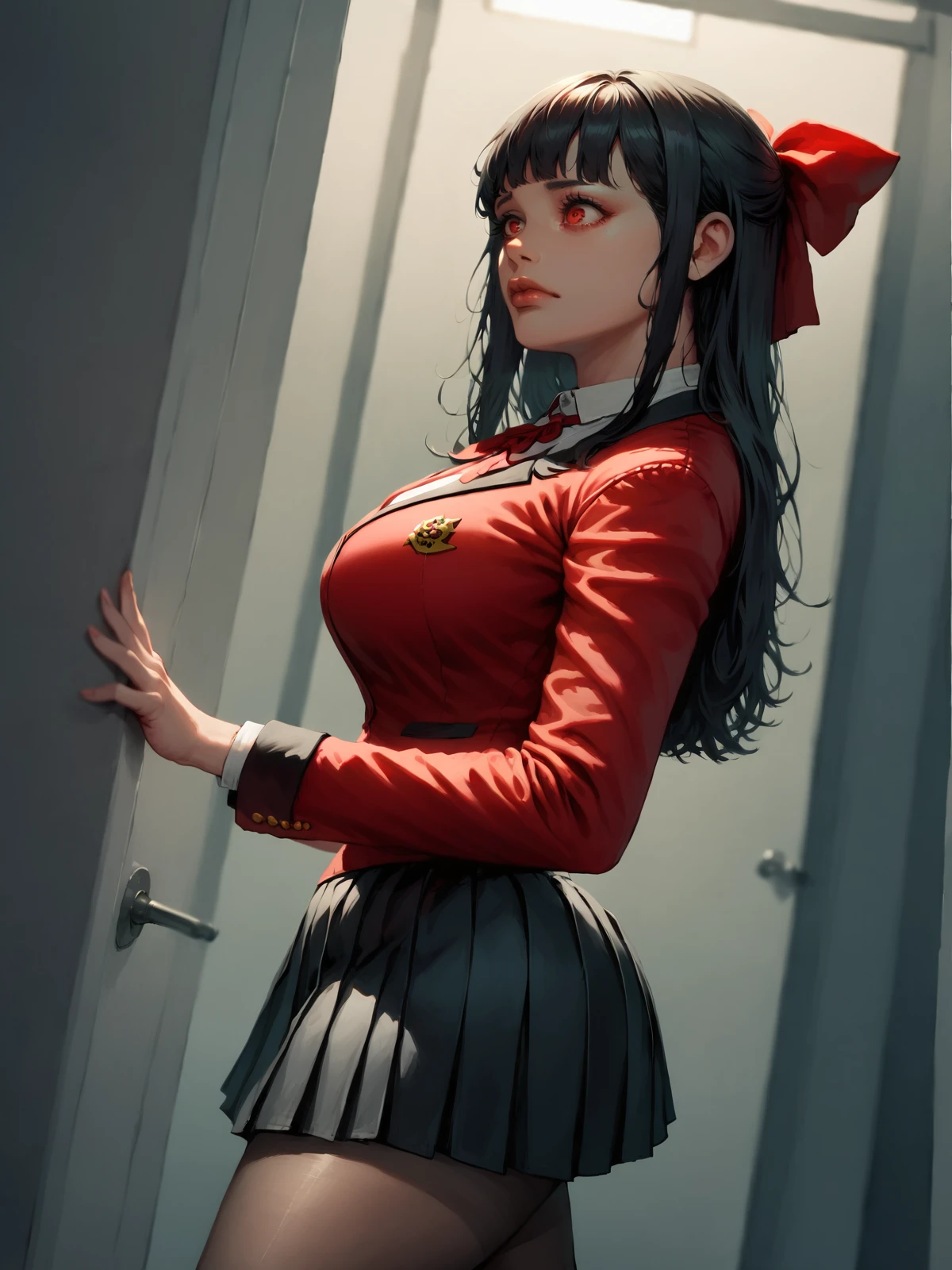 core_9, score_8, score_7, Yooheewaifu, solo,  realistic, long hair, panties,  wide shot, side view, night, hands,closed mouth, lips, horror \(theme\), black hair, curvy legs, dynamic angle,bangs, skirt, large breasts, scared face, dynamic angle, pantyhose, walking, shirt, bow, indoors, school, ribbon, school uniform, jacket, white shirt, hair bow, pleated skirt, collared shirt, blunt bangs, black skirt,  blazer, red jacket, <lora:Yoohee_character:1> ,<lora:add-detail-xl:1> ,<lora:HandFixer_pdxl_Incrs_v1:0.5> , <lora:sm0k3XLP:0.5>