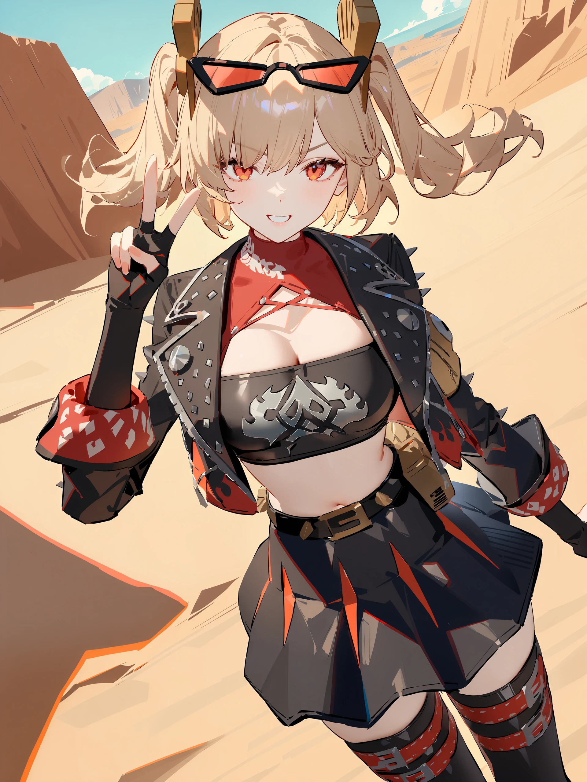 1girl, burnice white, twintails, black skirt, hair ornament, sunglasses on head, latex thighhighs, smile, cropped jacket, fingerless gloves, sleeveless turtleneck, tube top, cowboy shot, standing, grin, v-shaped eyebrows, looking at viewer, v, floating hair, outdoors, desert   <lora:Char-ZZZ-Burnice-V1-SDXL:0.9>, masterpiece, best quality, very aesthetic, ray tracing, newest,(hitenkei, askzy:0.5), [<lora:detailed_notrigger:0.95>::0.5]