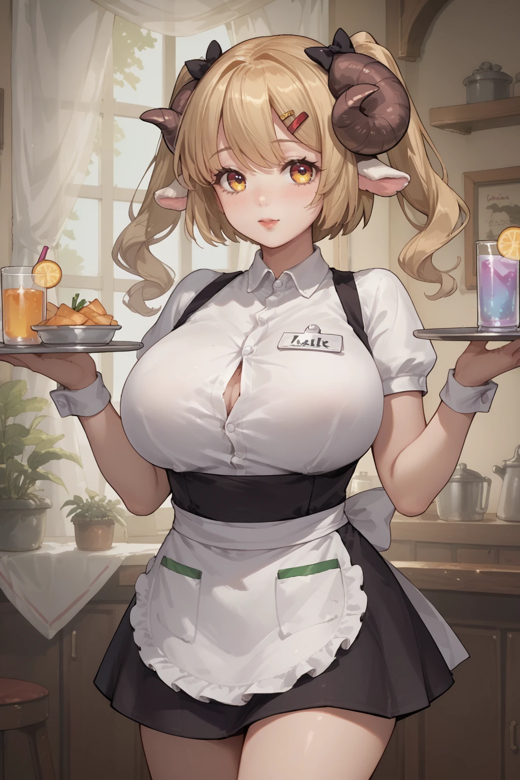 One Woman、Braided twin tails、Huge breasts、（Huge breasts：1.8)、Glasses、blue eyes、Green Hair、gloves、belly button、Grab、Animal ears、Gray Hair、Grey Hair、pantyhose、Cowboy Shots、food、tie、tongue、黒いgloves、tongue出し、Hair Bun、Bunny ears、黒いpantyhose、Double dango、fruits、偽のAnimal ears、Between the breasts、Revealing clothing、tray、太ももに巻いたpantyhose、Meme Outfits、Pasties、trayをGrab、Between the breastsにtie、ハートのPasties、Reverse costume、parfait、Reverse Bunny Suit