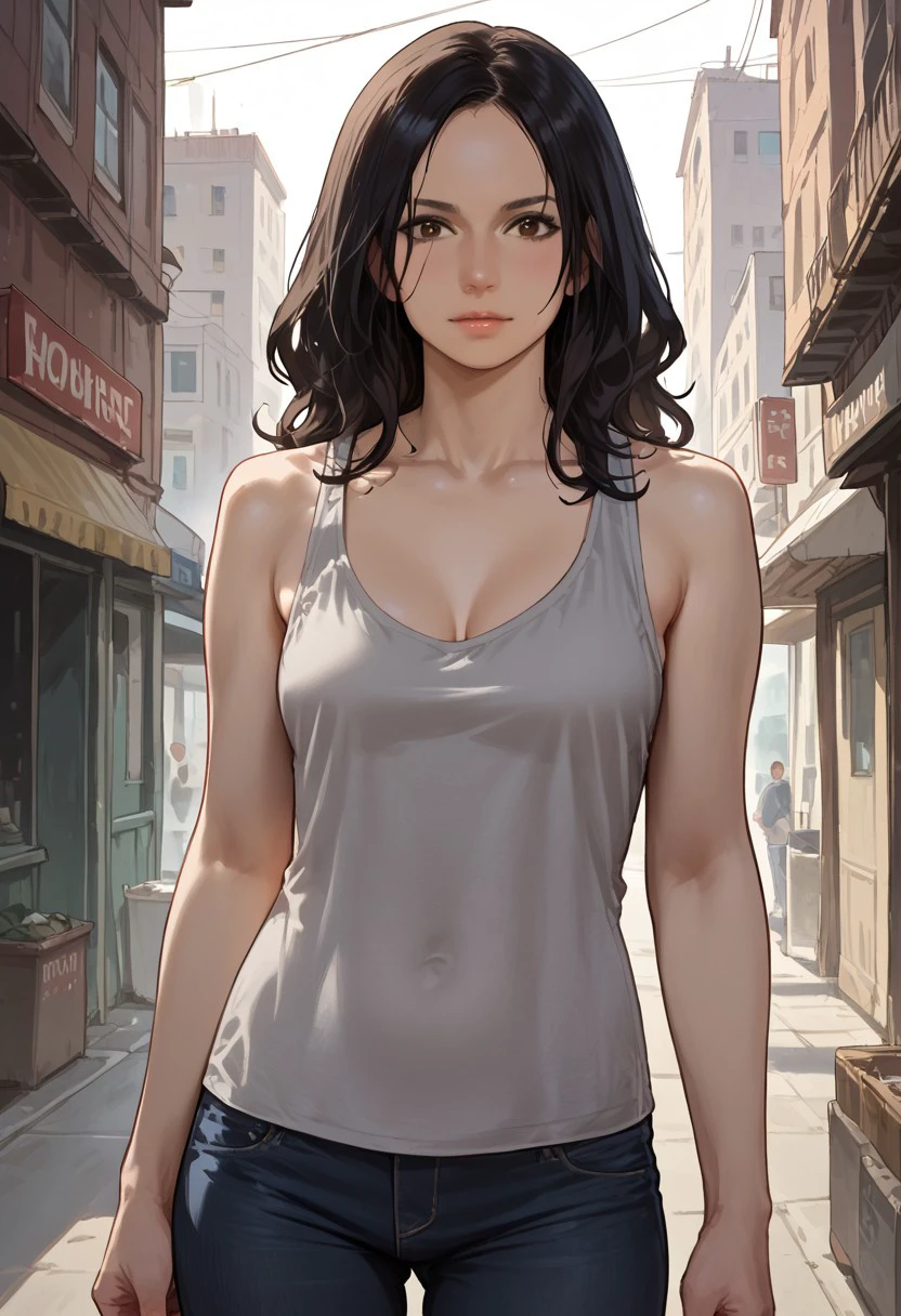 Score_9_up, score_8_up, score_7_up, source_realistic, cowboy shot, BREAK 1girl, solo, miawinters, black hair, tank top, denim pants,