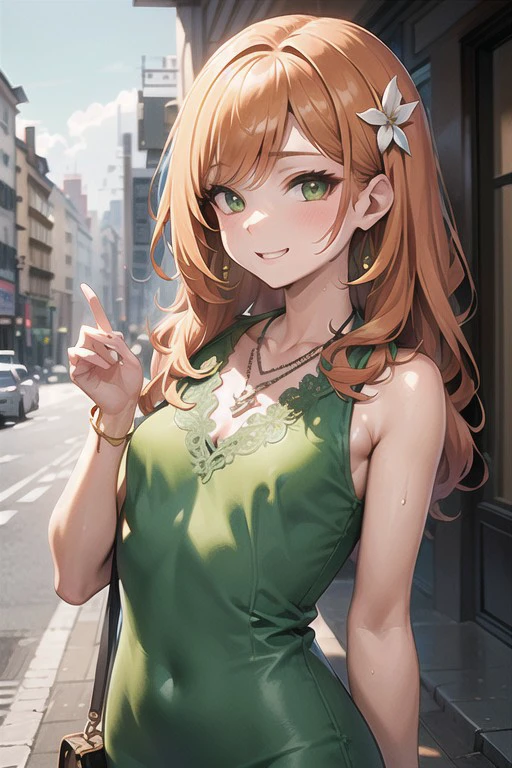 intricate details, finely detailed, <lora:Add Detail:0.4>, (masterpiece), best quality, high resolution, highly detailed, detailed background, thin, small size, green eyes, large breasts, beautiful green dress in lace with intricate details, random landscape of a city, walking in a street, sunny, smiling, birds, earrings, necklace, upper body, white flower in hair