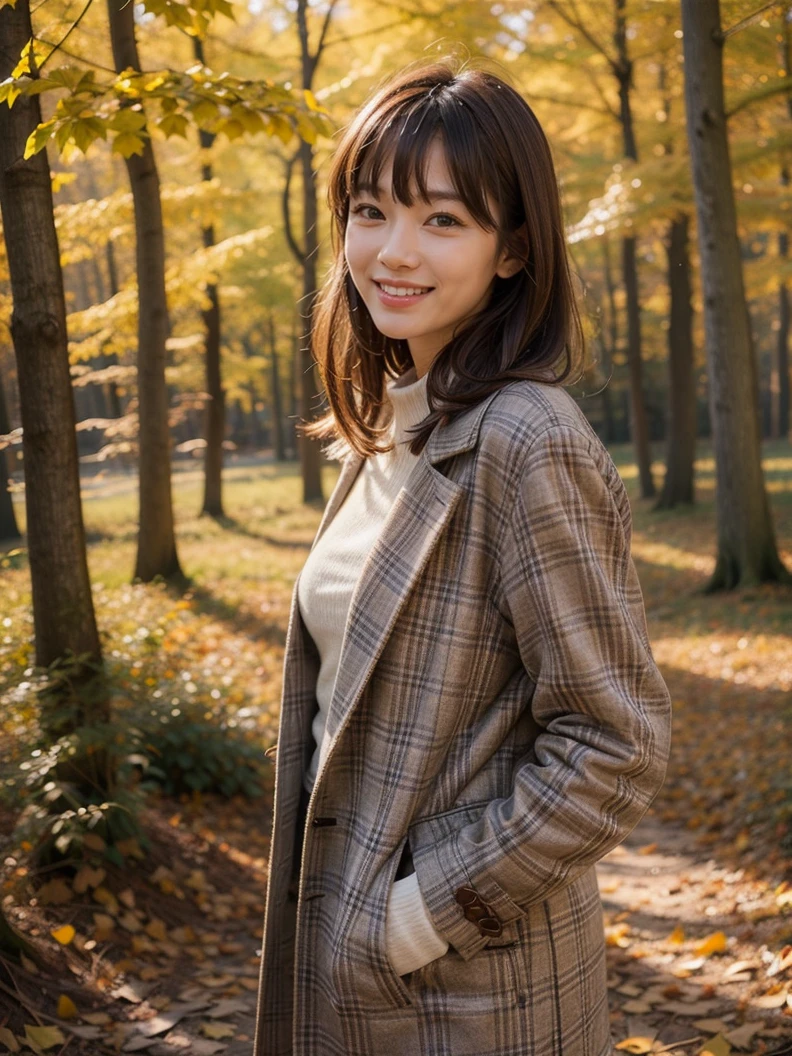 <lora:ReaLora:0.5> (realistic, photorealistic:1.37),
<lora:JP_FallForest-v1-000005:0.6> outdoors, forest, autumn, jpfall,
1girl, asian, brown hair, bangs,
cowboy shot, standing,
checkered coat, open coat, looking at viewer, smile,