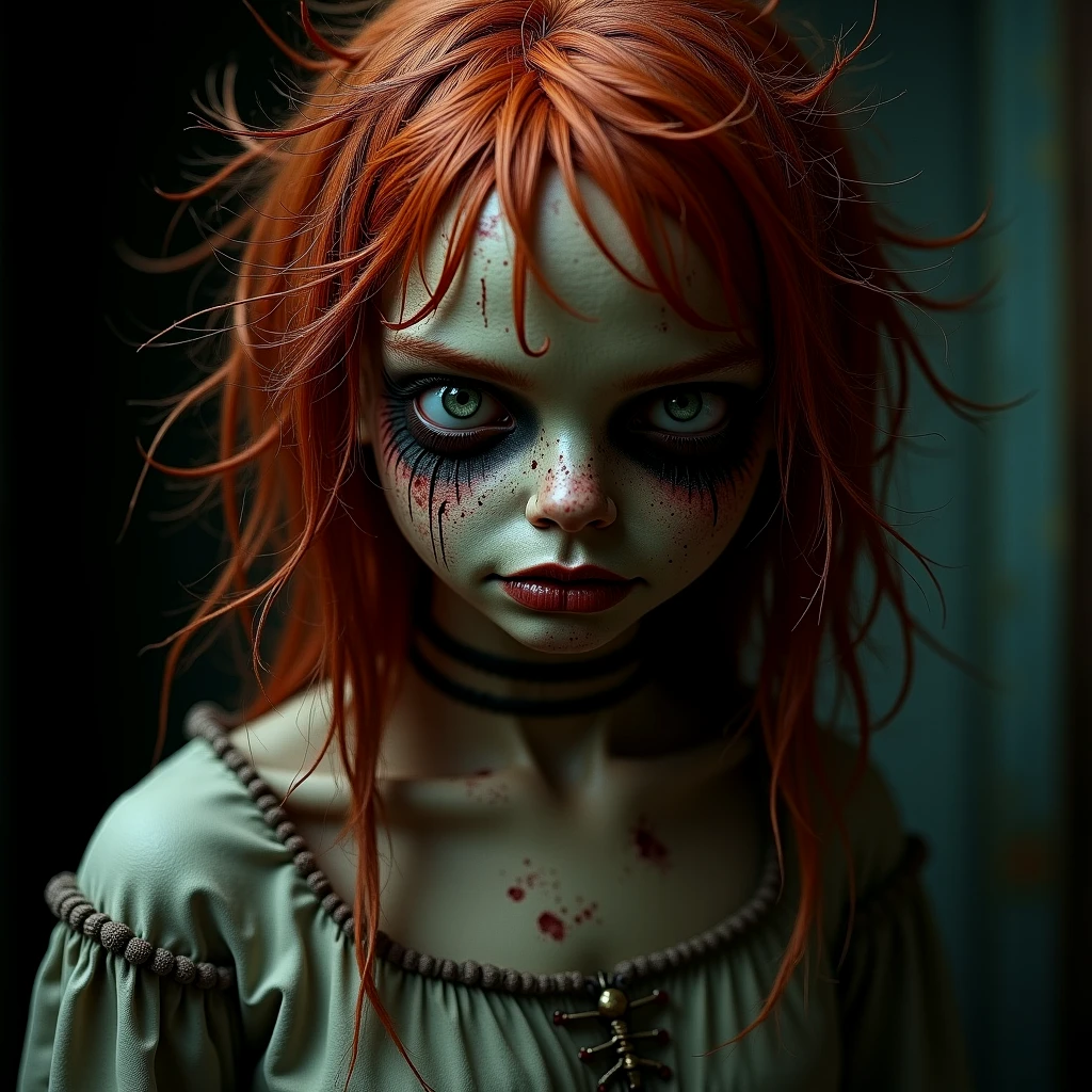 Haunted Annie. She has wild red hair, empty haunting eyes. Dressed in threadbare clothes.

Dark, atmospheric, moody.

frghtnghtCE style