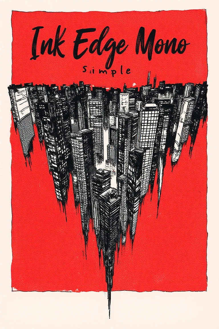 An illustrated image of an inverted metropolitan cityscape where skyscrapers and buildings grow downward from the sky, defying gravity. Bold cursive lettering "InkEdgeMono" hovers prominently at the top, with "Simple" written in smaller text beneath it. The street lights and windows glow mysteriously upward into the void', background is red with a white border,1NK3D63SIM