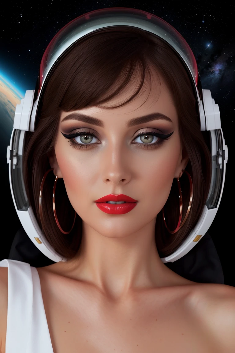 <lora:brittnyward_epoch_7:0.6>,brittnyward,  ((detailed eyes, detailed face, masterpiece, best quality, high resolution):1.2), (red lipstick, blush, eyeliner, eye shadow, pale skin), ((modest, fully clothed, conservative)), , ((dark brown hair)), , 1girl, solo, hoop earrings, bracelets, beautiful photograph, dreamy, surreal, trending, art deco, , a photo of a woman, ((detailed eyes, detailed face, award winning, high resolution, masterpiece, best quality, extremely detailed)), (red lipstick, eye shadow, eyeliner, pale skin), outer space, stars, spacesuit, helmet, floating, ((modest, conservative)), earth, gloves