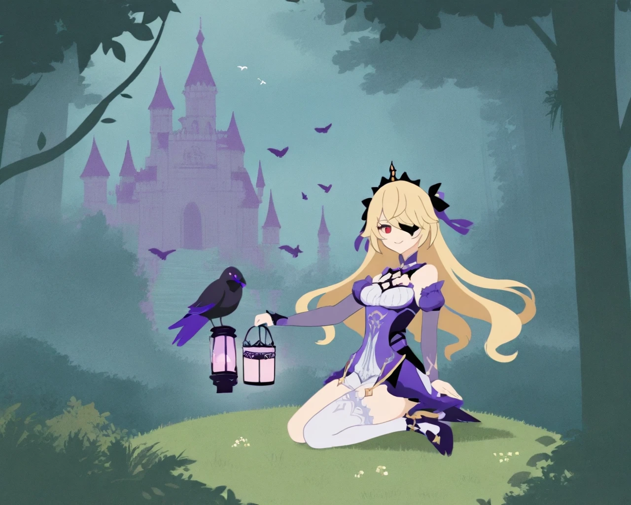 masterpiece, best quality, flat color, limited palette, no lineart, silhouette, fischl (genshin impact), 1girl, white pantyhose, red eyes, blonde hair, eyepatch, bird, white thighhighs, castle, tiara, single leg pantyhose, purple choker, official alternate costume, hair over one eye, detached sleeves, long hair, purple sleeves, purple dress, crow, single thighhigh, purple ribbon, long sleeves, purple footwear, bare shoulders, high heels, looking at viewer, holding, nature, asymmetrical legwear, frills, hair ribbon, plant, forest, breasts, tree, full body, lantern, smile, jewelry, alternate eye color, purple gemstone, black ribbon, outdoors, vines, grass