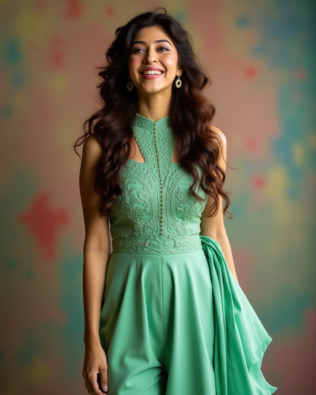 full body photo of sonarika bhadoria woman,paparazzi photo, laughing face,studio quality, wearing intricate high neck elegant Green sleeveless Palazzo Suit, curls, darker pastel shaded multicolored background<lora:TestBed\Sonarika_Bhadoria_Flux_Kohya_V1-000002.safetensors:1.0:1.0>