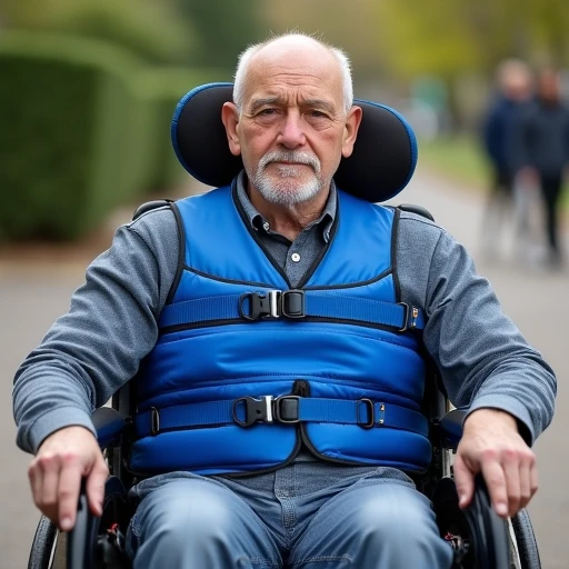 a 50 year old man wears a three point wheelchair belt made of blue nylon