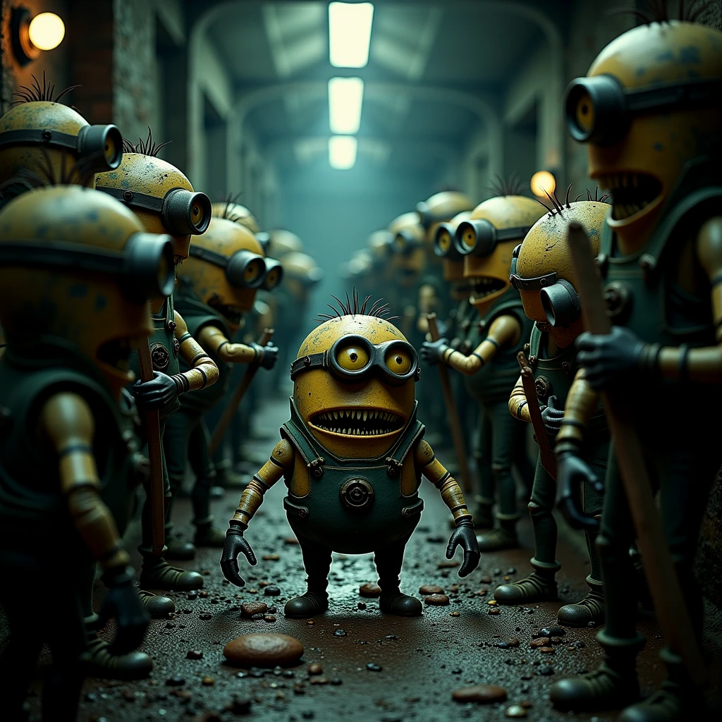 Hideous Minions at work in a ghoulish factory.

Dark, atmospheric, moody.

frghtnghtCE style