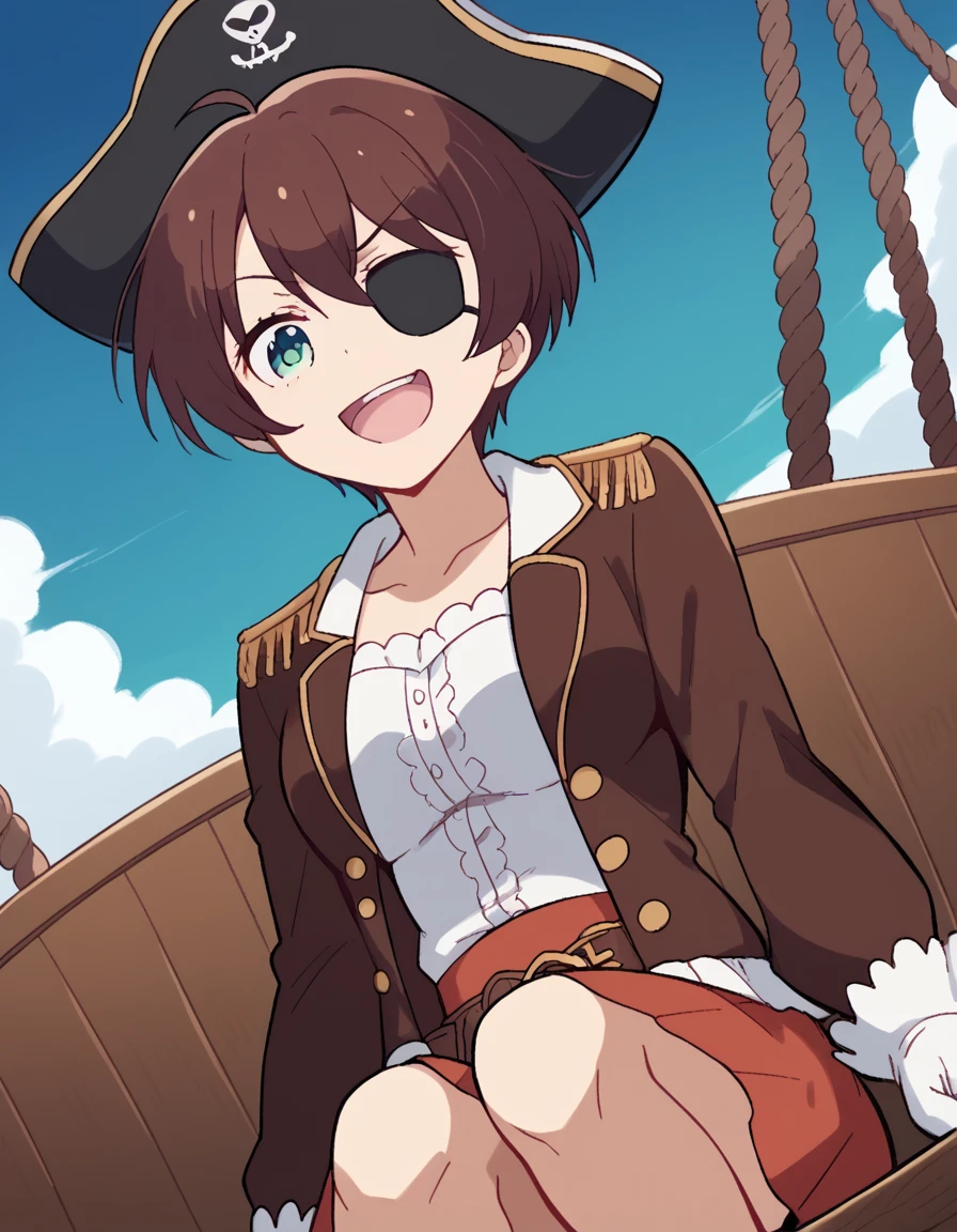 score_9, score_8_up, score_7_up, source_anime, <lora:hajime-shinoda-s2-ponyxl-lora-nochekaiser:1>, hajime shinoda, short hair, bangs, brown hair, green eyes, ahoge, medium breasts,, <lora:pirate-costume-ponyxl-lora-nochekaiser:1>, pirate costume, pirate hat, skirt, gloves, jacket, shirt, eyepatch,, blue sky, sea, ocean, pirate ship, treasure, gold, smug, open mouth, from below, sitting,, , dutch angle, cowboy shot