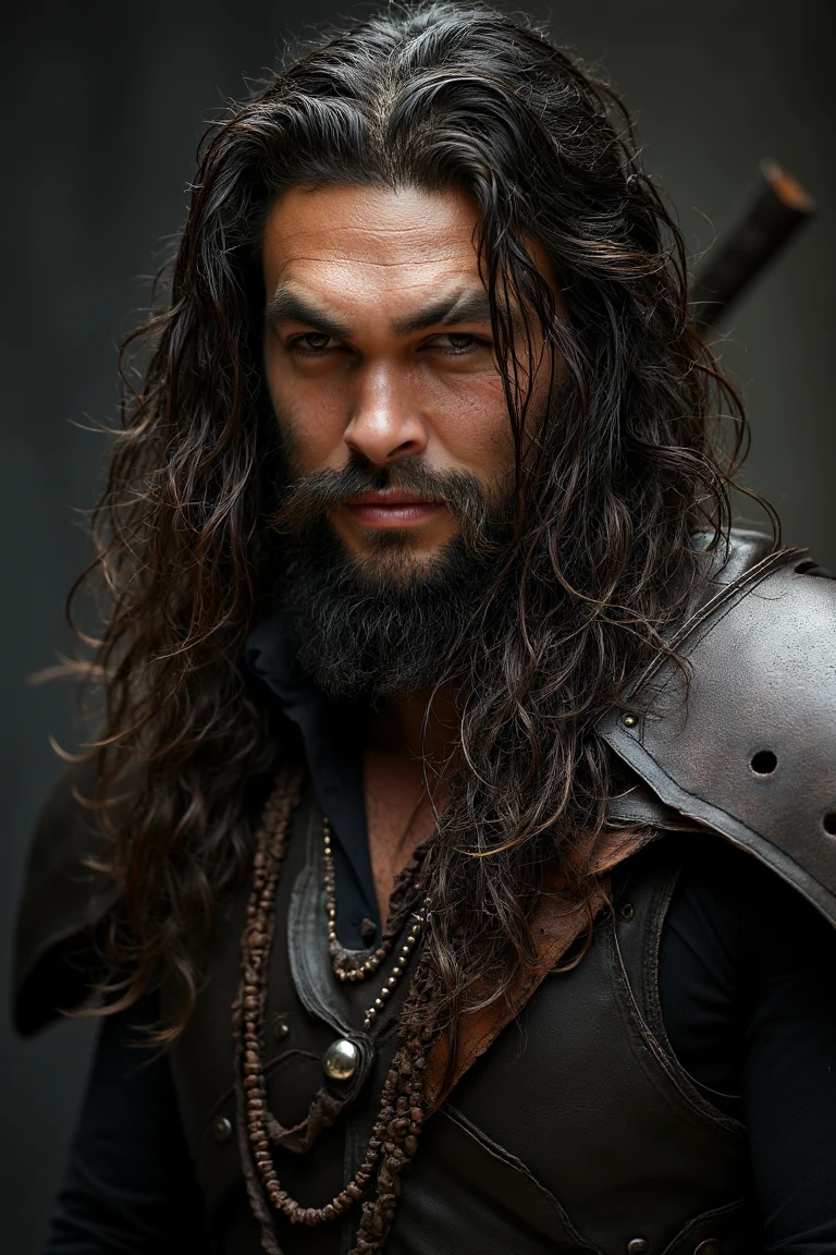 A pirate with long dark hair, a mixture of Jason Momoa and Aiden Turner.