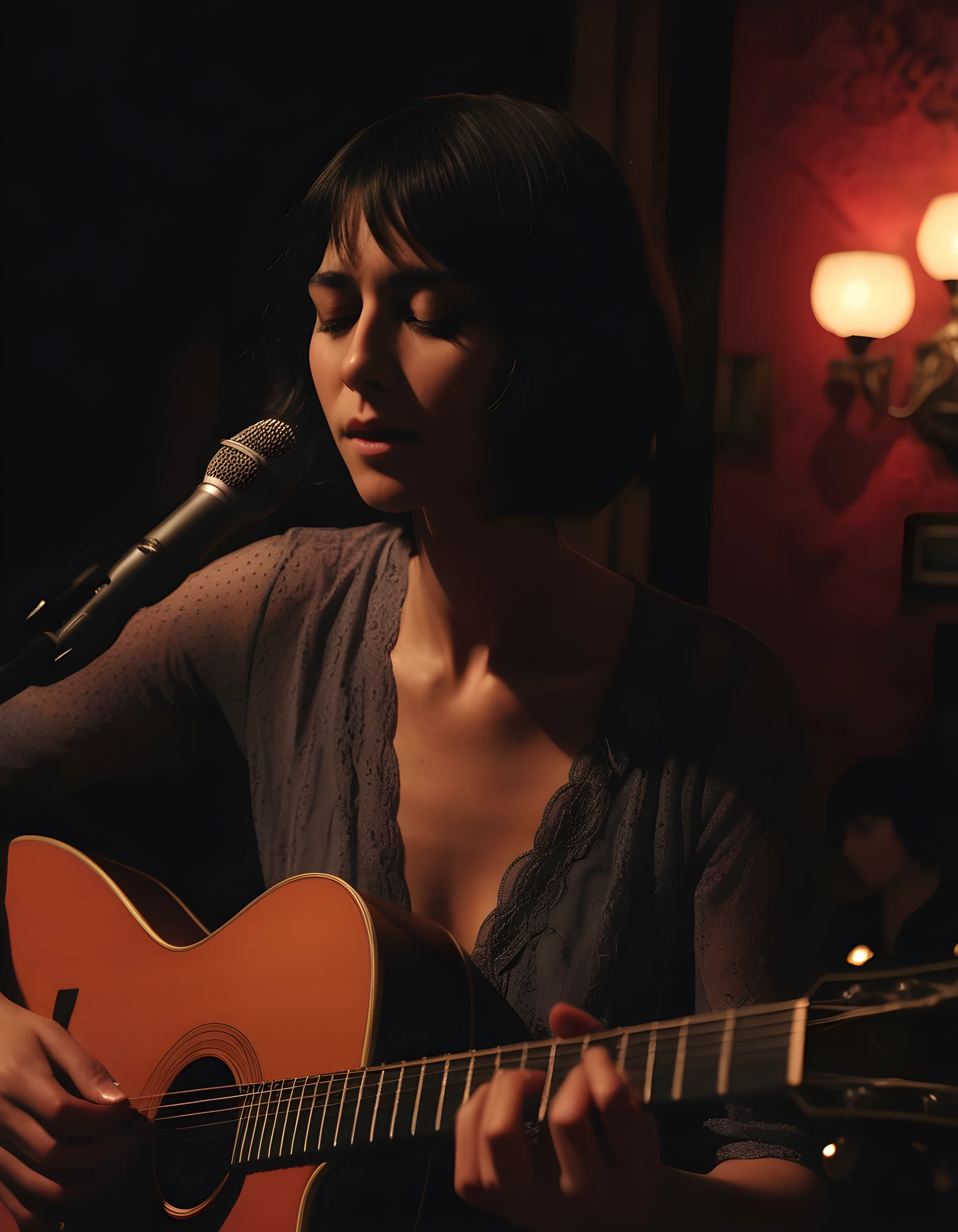 In a dimly lit, vintage jazz club nestled in the heart of 1920s Paris, a woman with short, jet-black hair and a striking jul14n4c shirt stands center stage. Her gaze is fixed on her guitar, fingers dancing across the strings as she plays a soulful melody, her eyes closed in concentration. The camera captures this intimate moment from an angle that emphasizes the depth of the room, with the blurred figures of fellow musicians and patrons fading into the background, creating a focused spotlight on her performance. A single, soft spotlight illuminates her face, casting deep shadows across her features, imbuing the image with an emotional intensity that resonates with the haunting notes emanating from her guitar.