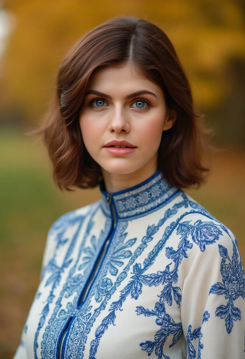 high-resolution close-up potrait of alexandra daddario wearing a white high-neck dress with intricate blue patterns, autumn, outdoors, <lora:Alexandra_Daddario_Flux:1.0>