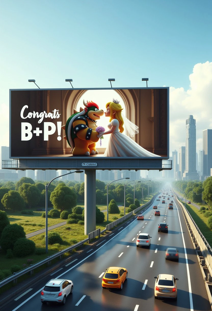 The image is a high-quality CGI rendering of a modern cityscape featuring a massive billboard. The billboard, positioned prominently in the center, displays a surreal, dreamlike scene. It depicts a serene, romantic image of Bowser and Princess Peach from the Super Mario Series getting married in a church. Princess Peach is wearing a white wedding dress. Bowser and Princess Peach are kissing under a wedding arch. 
The text on the billboard reads "Congrats B+P!" in bold, white letters.
The billboard is situated on a multi-lane highway with a clear sky visible above. The highway stretches into the distance, flanked by lush greenery and a row of trees. Vehicles of various colors, including white, yellow, and orange, are moving in both directions on the highway.