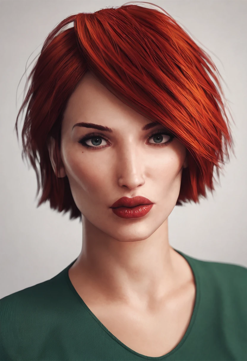 <lora:Cathy-PXL:1> cathy-pxl, cathy, red hair, , 1girl, solo, looking at viewer, shirt, blurry, lips, eyelashes, makeup, lipstick, portrait, close-up, realistic, green shirt, score_9, score_8_up, score_7_up, score_6_up, score_5_up, score_4_up,