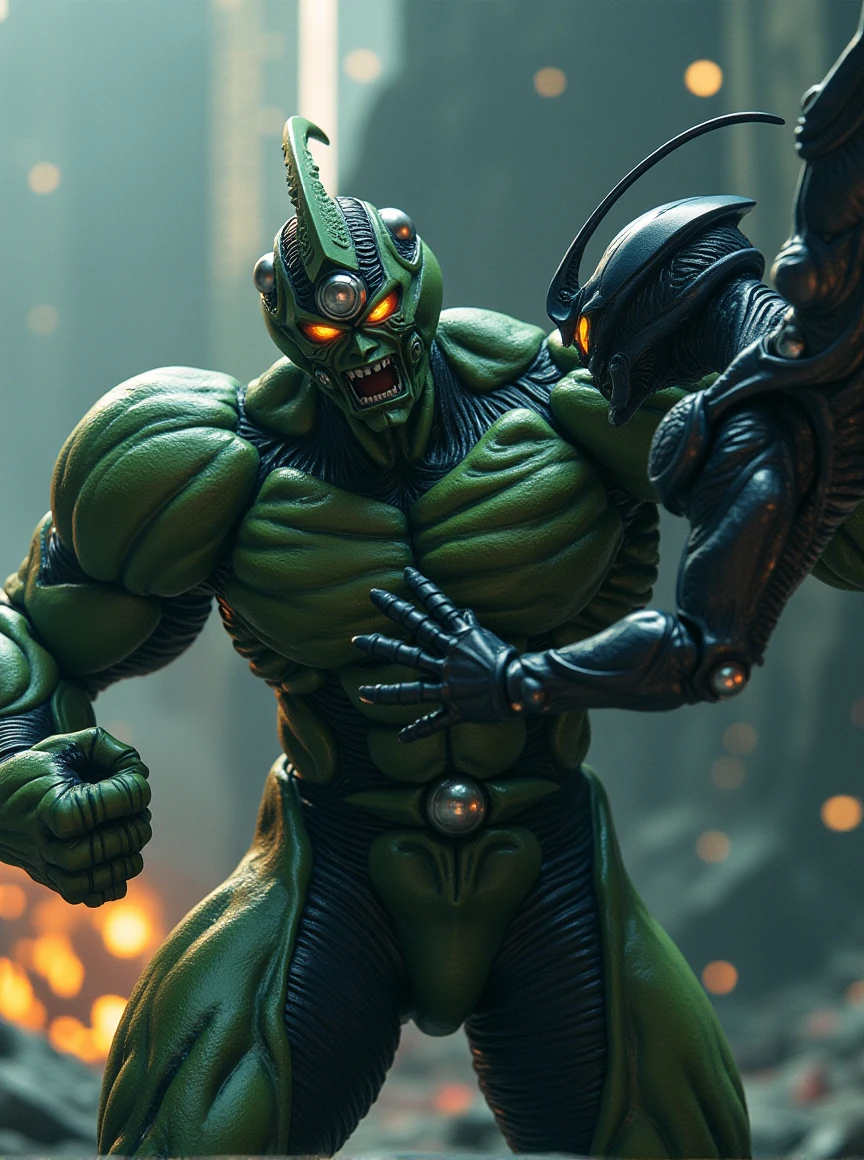 the guyver of biological armor,cinematic of the Hulk of marvel fighting against an alien,dynamic_pose, 